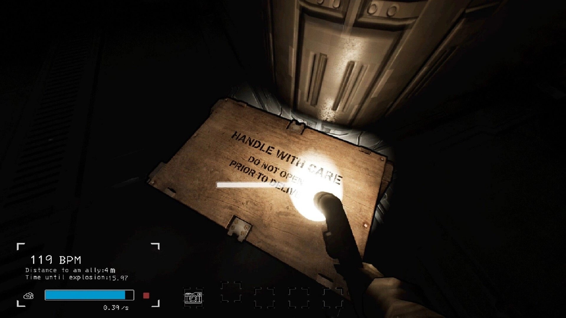 Void Raid: Player with flashlight examines crate marked "Handle with Care" in dark ship corridor.