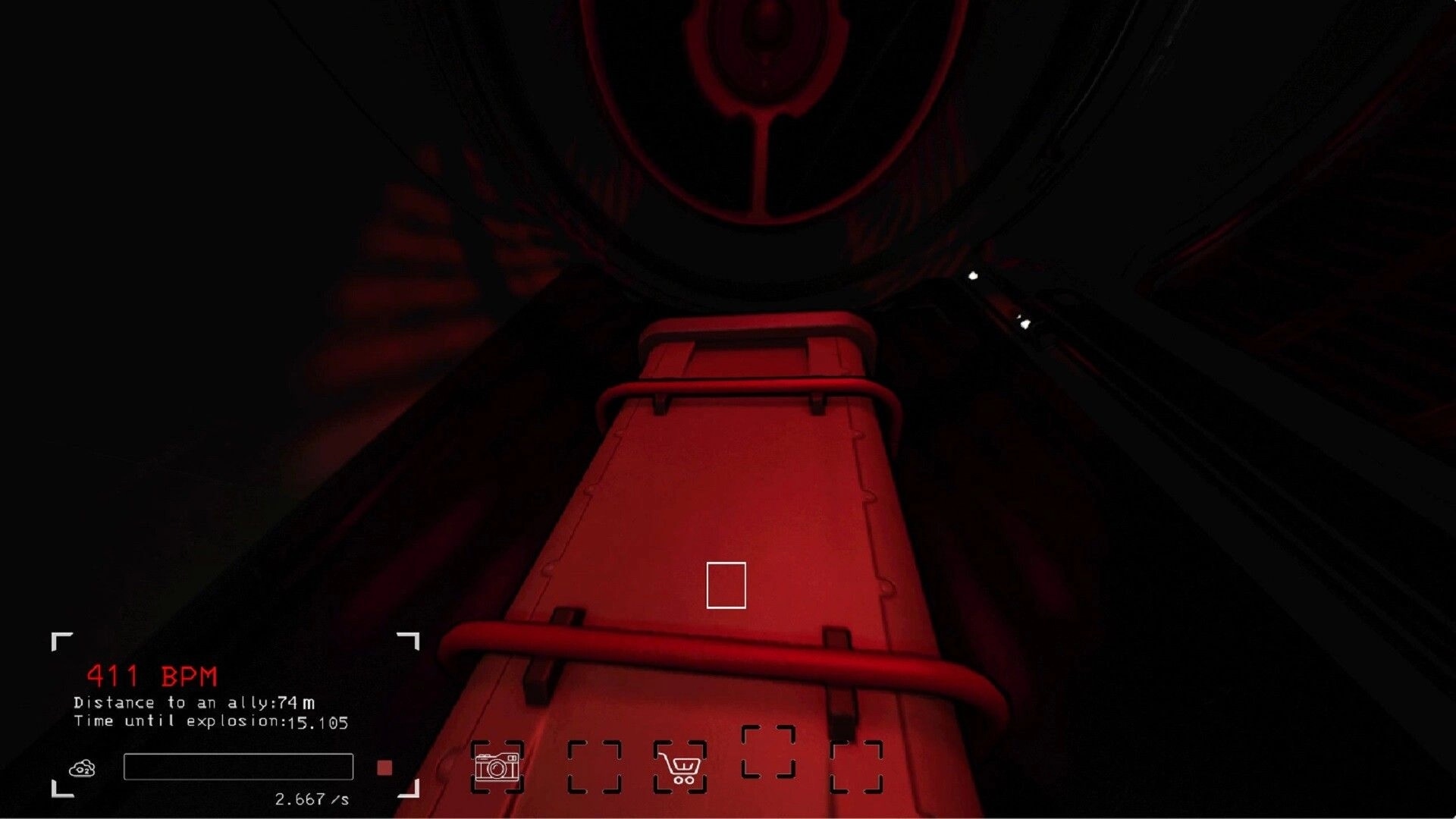 Void Raid: Red corridor with crate, UI shows heart rate, distance to ally, and time until explosion