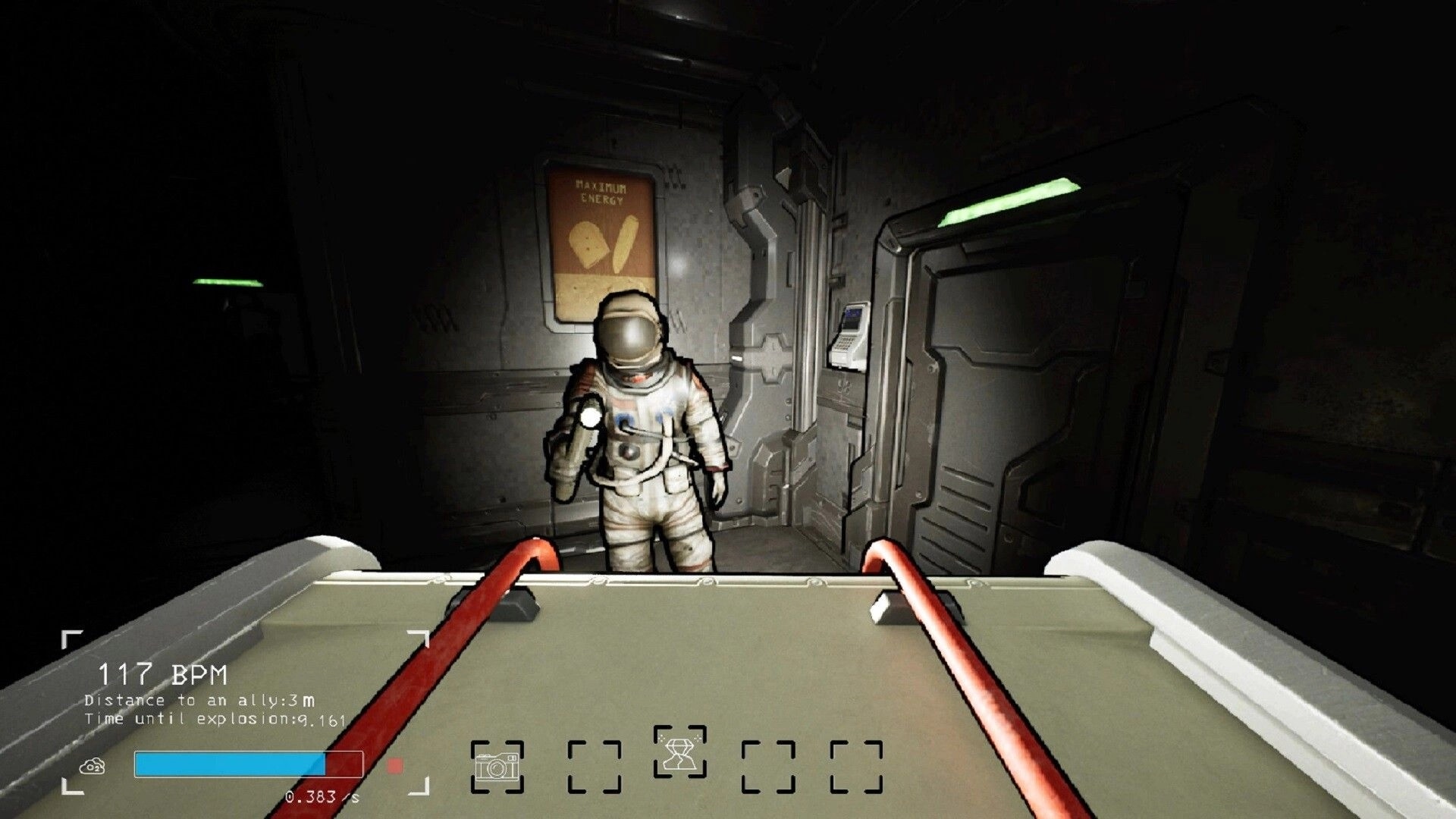 Void Raid: Astronaut with flashlight in dimly lit corridor, UI shows oxygen and explosion countdown
