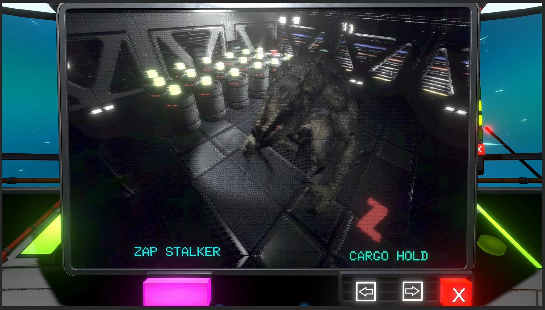Void Stalkers: Monitor shows creature in cargo hold with security options highlighted in spaceship cockpit