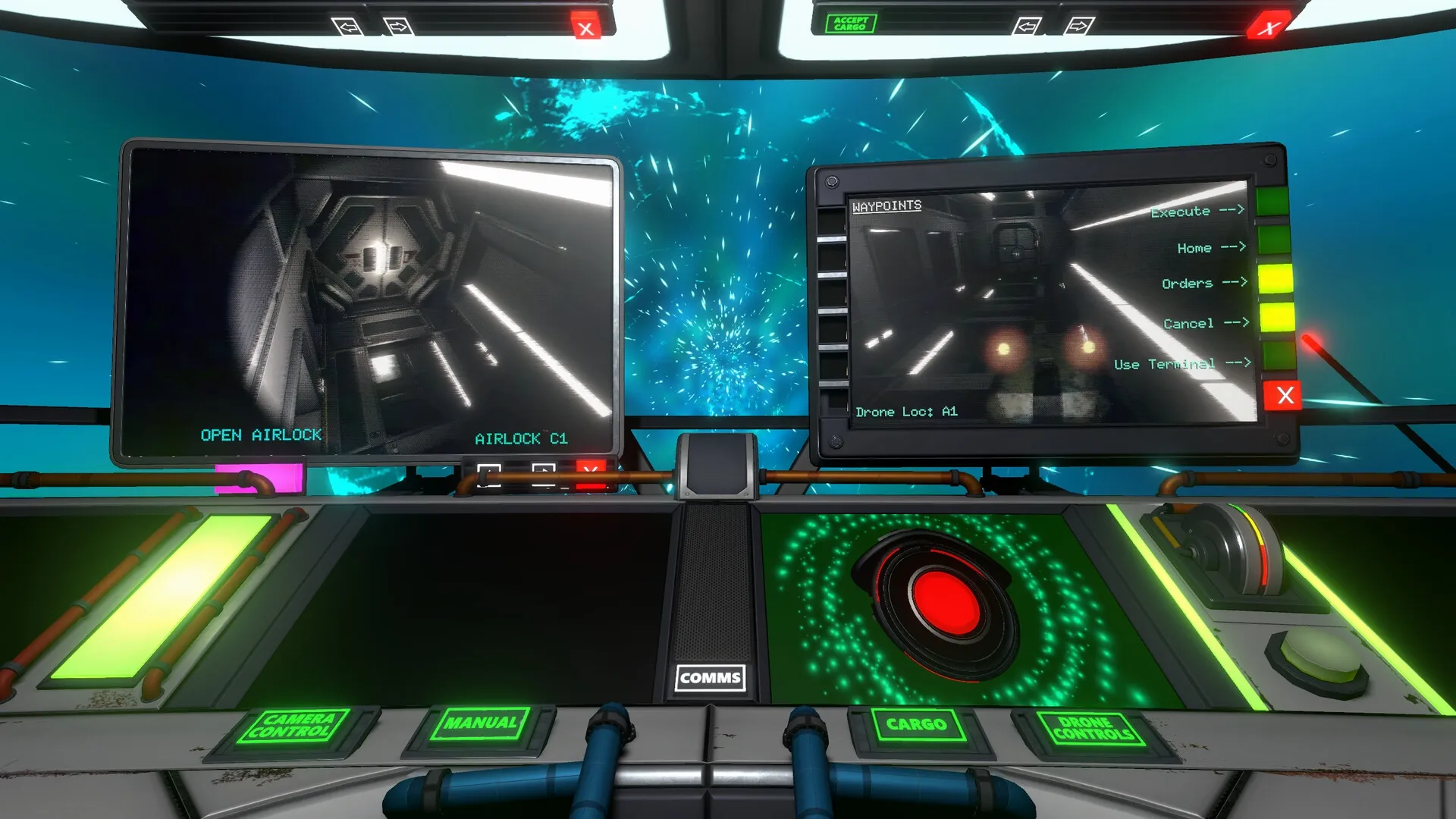Void Stalkers: Control panel view with airlock camera feed and navigation screen in starry space setting