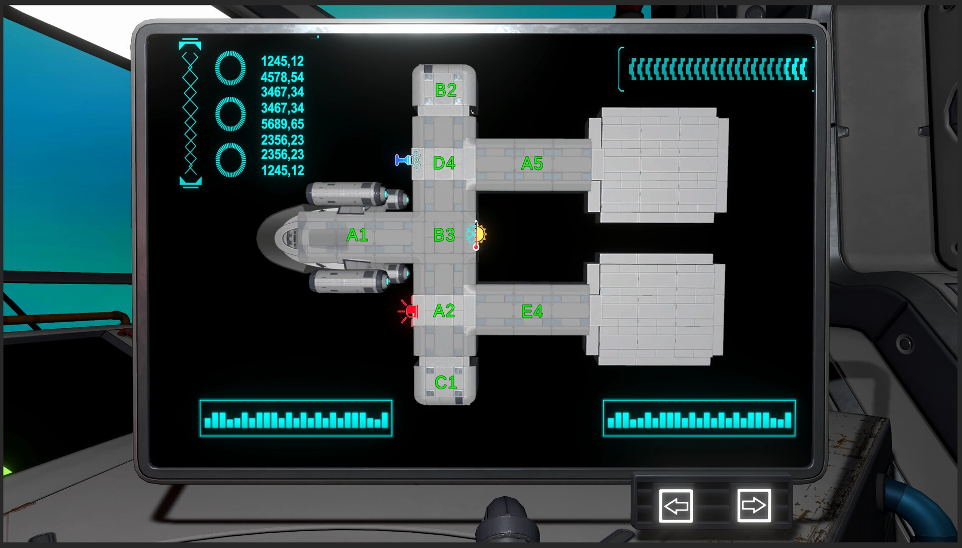 Void Stalkers: Ship layout screen with labeled sections A1-E4, data readouts, and alert indicators visible