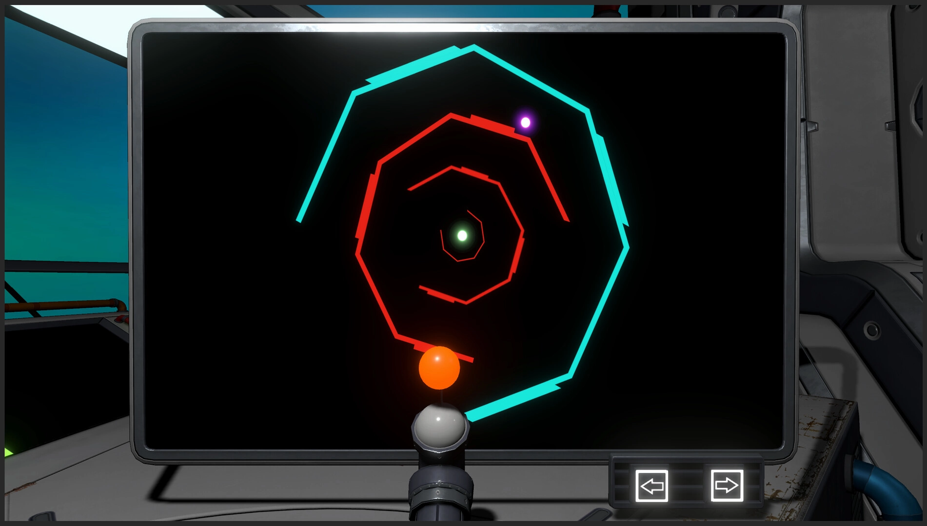 Void Stalkers: Puzzle interface with red and blue spirals on a monitor inside a spaceship cockpit.