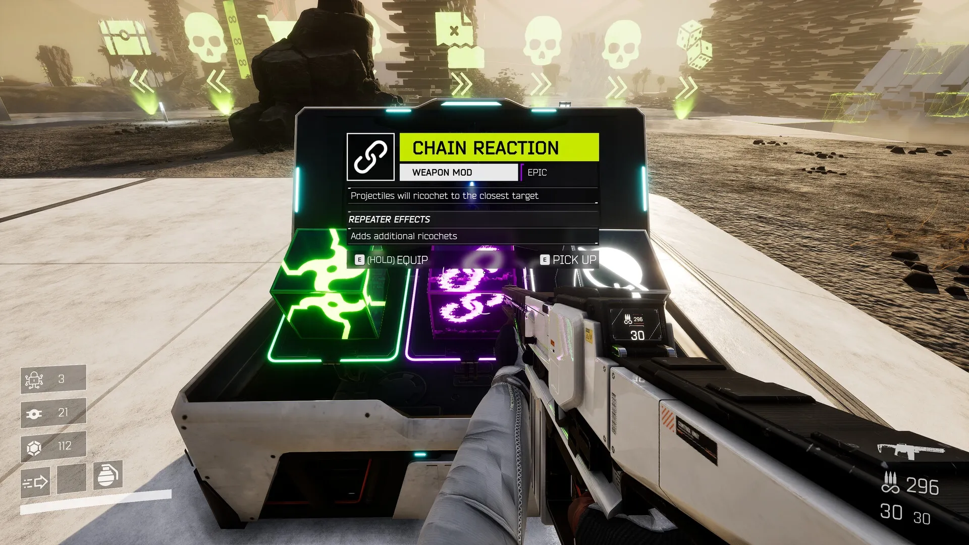VOID/BREAKER: Player views weapon mod station with Chain Reaction mod in desolate landscape.