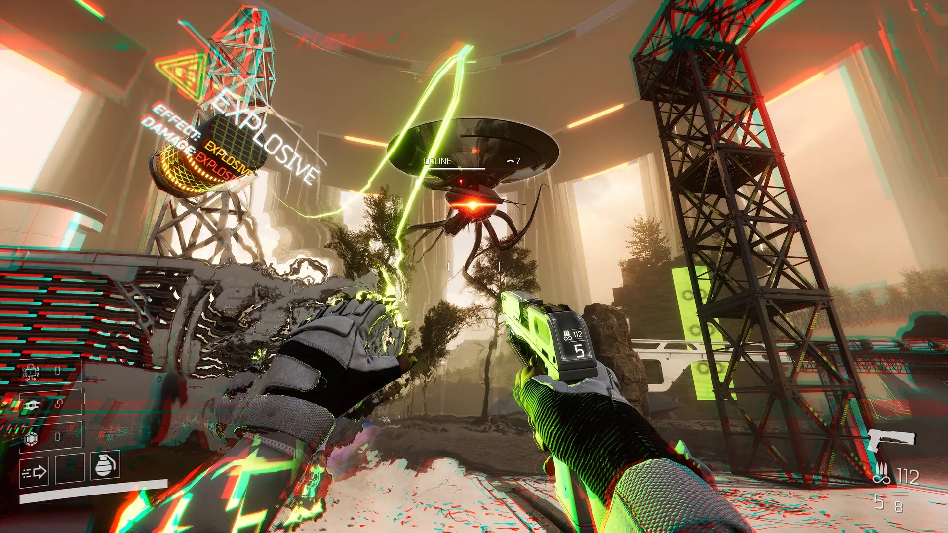 VOID/BREAKER: Player shoots at hovering drone with glowing weapon in industrial landscape.