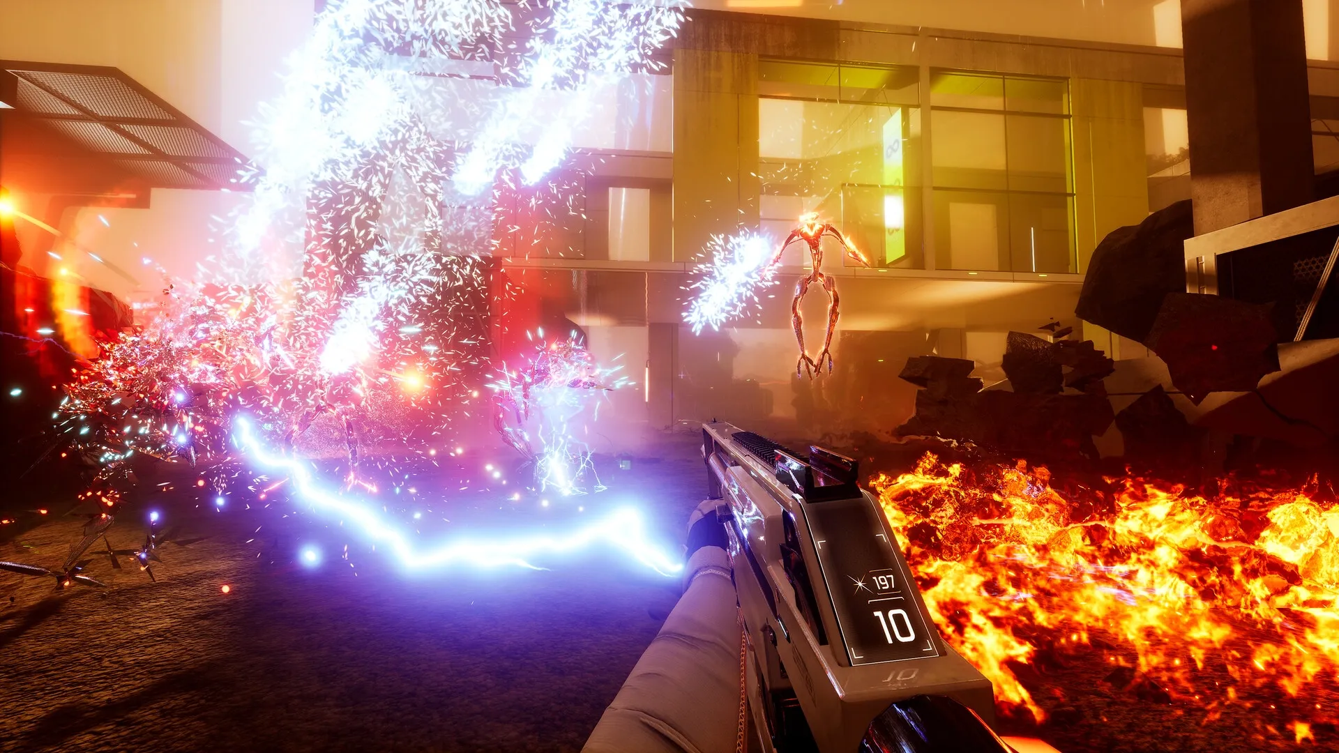 VOID/BREAKER: Player firing energy weapon at robotic enemies in a futuristic, destructible environment.