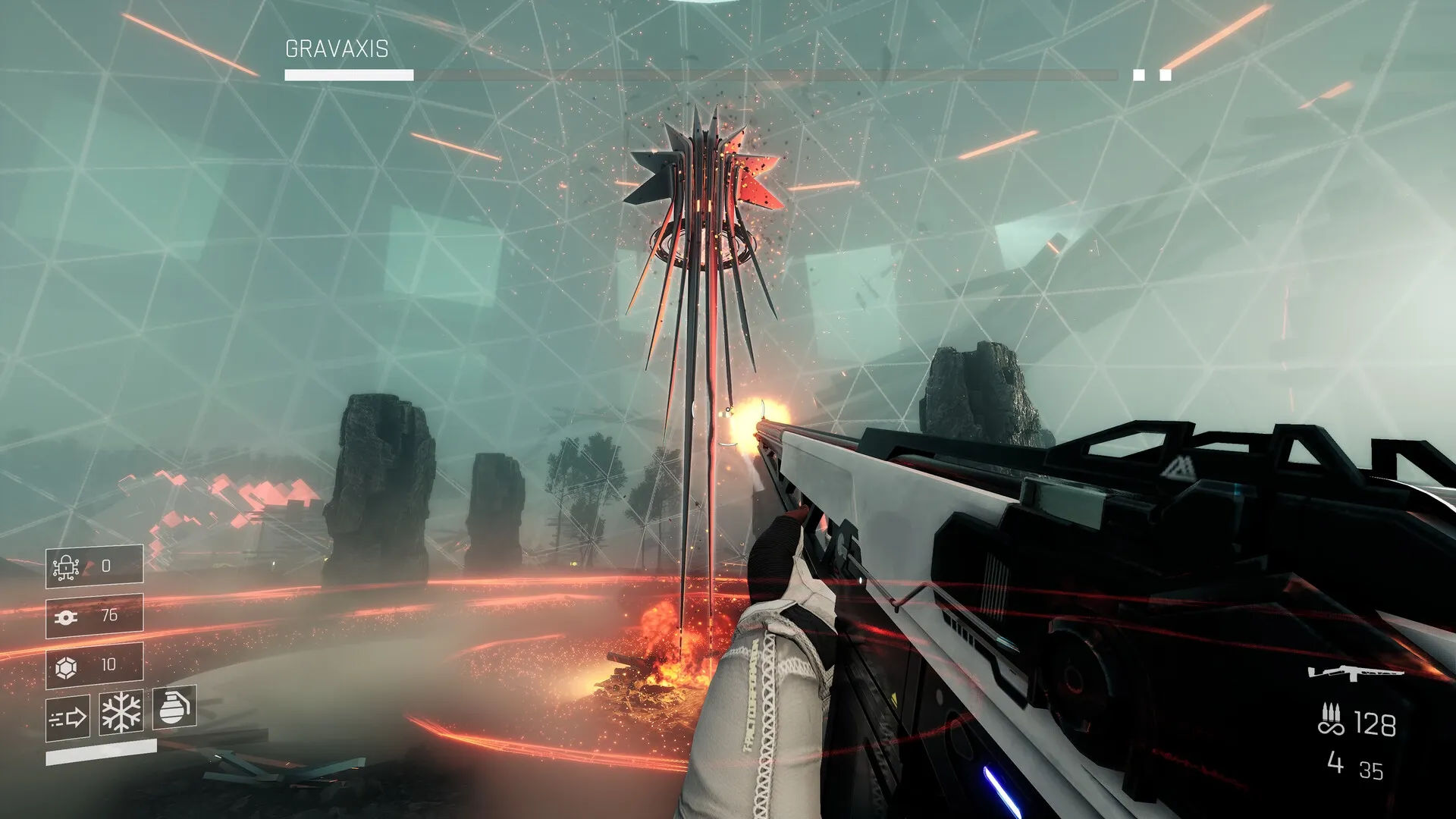 VOID/BREAKER: Player fires at Gravaxis structure in futuristic arena with geometric dome and UI stats visible.