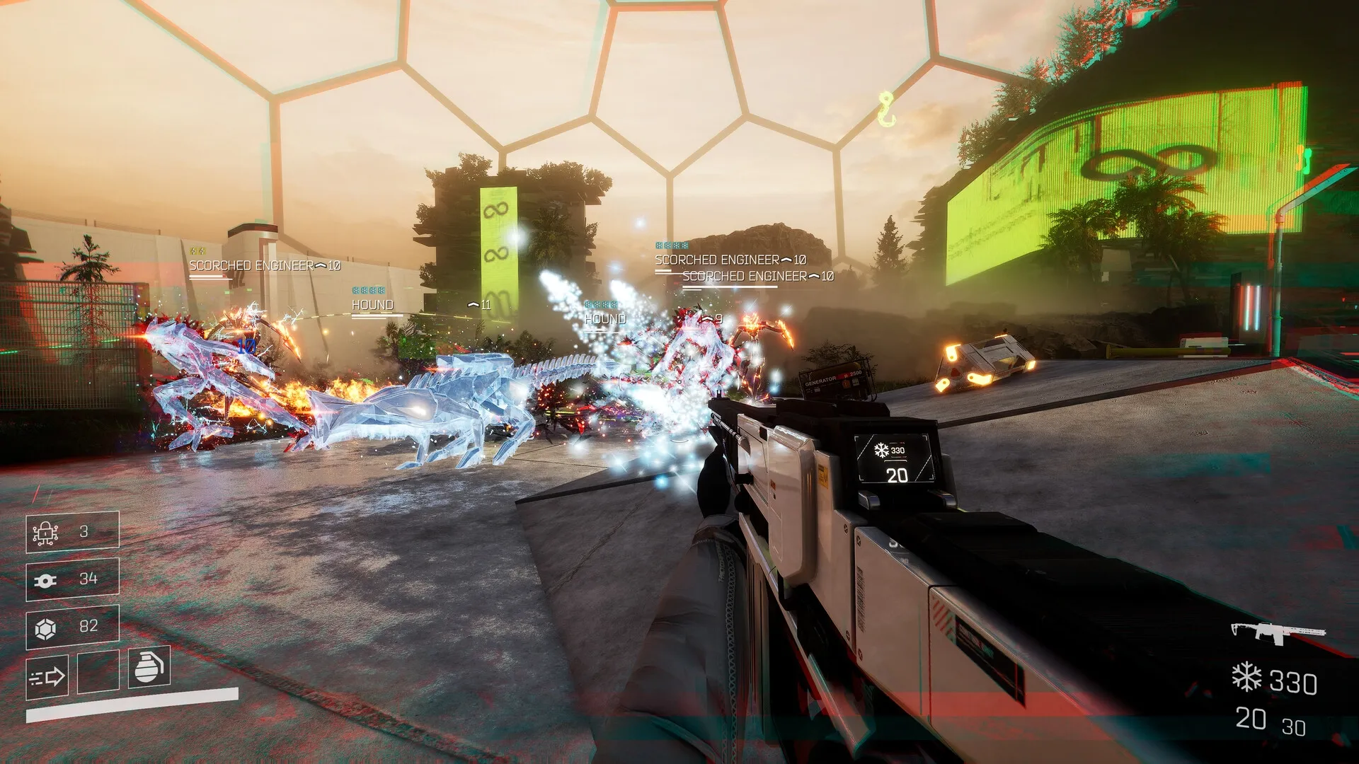 VOID/BREAKER: Player battles robotic hounds and engineers in a dome arena with weapon stats displayed.