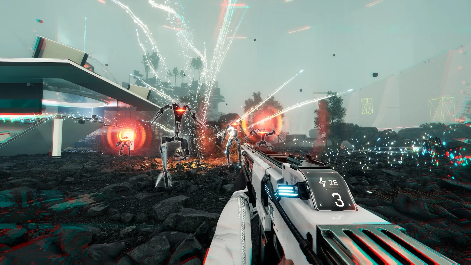 VOID/BREAKER: First-person combat with machines in a futuristic, destructible urban landscape.