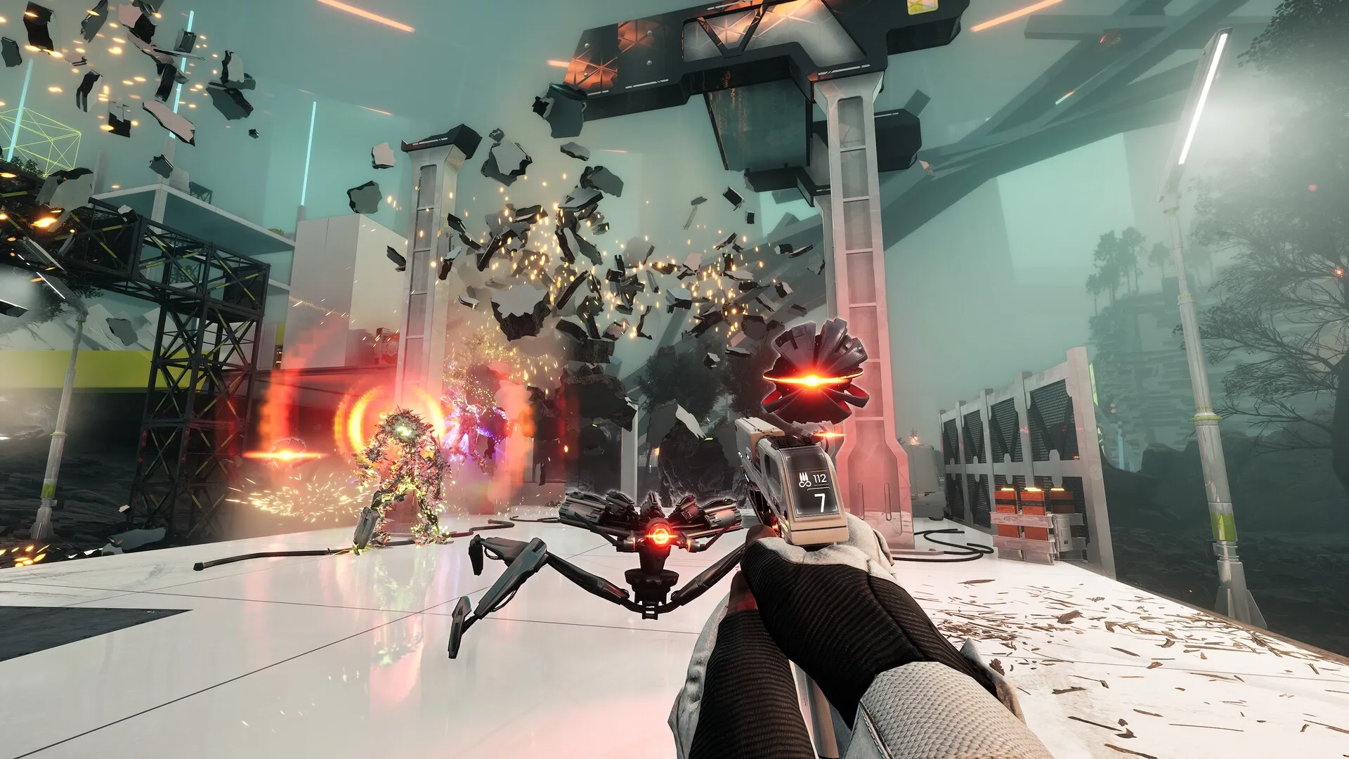 VOID/BREAKER: Player shooting at machines amidst debris and explosions in a futuristic industrial setting