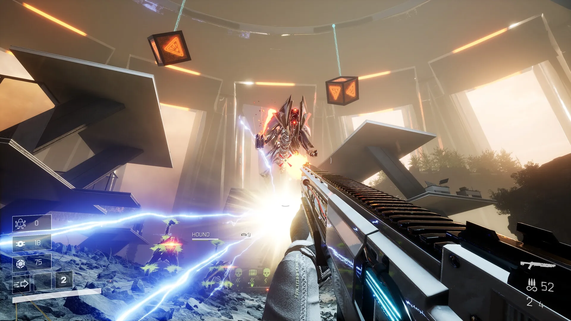 VOID/BREAKER: Player firing at a flying robot in a futuristic arena with floating platforms and HUD elements.