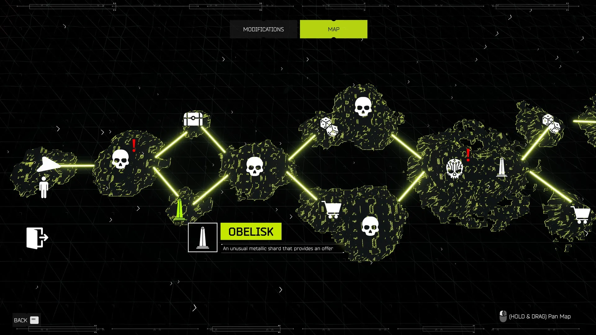 VOID/BREAKER: Strategic map view with interconnected nodes, skull icons, and highlighted Obelisk location.
