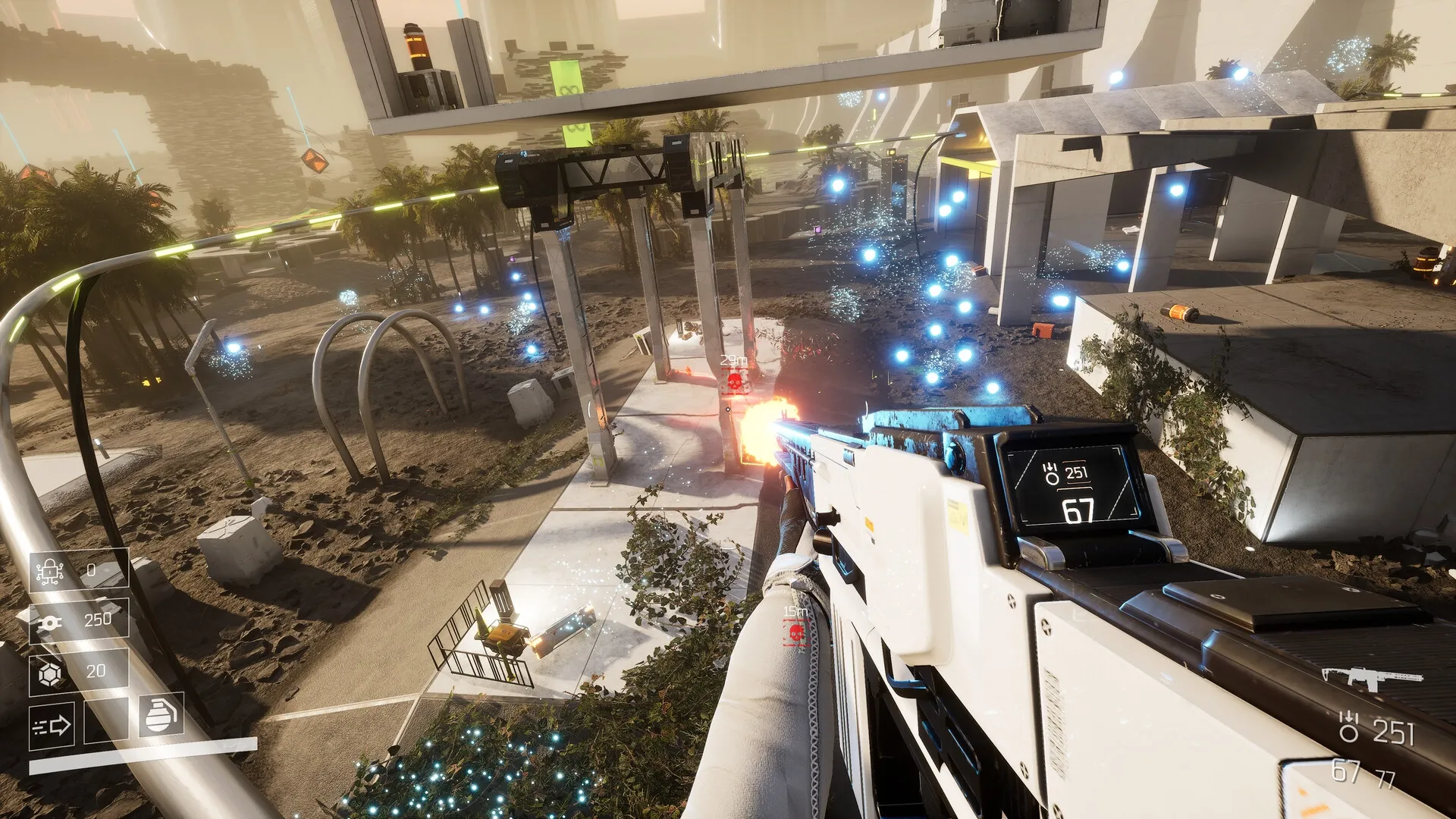 VOID/BREAKER: First-person combat in futuristic desert city with HUD displaying ammo and enemy distance