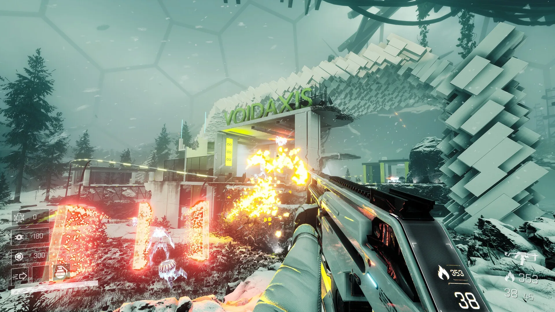 VOID/BREAKER: First-person combat firing at enemies near VOIDAXIS entrance in snowy, sci-fi forest setting