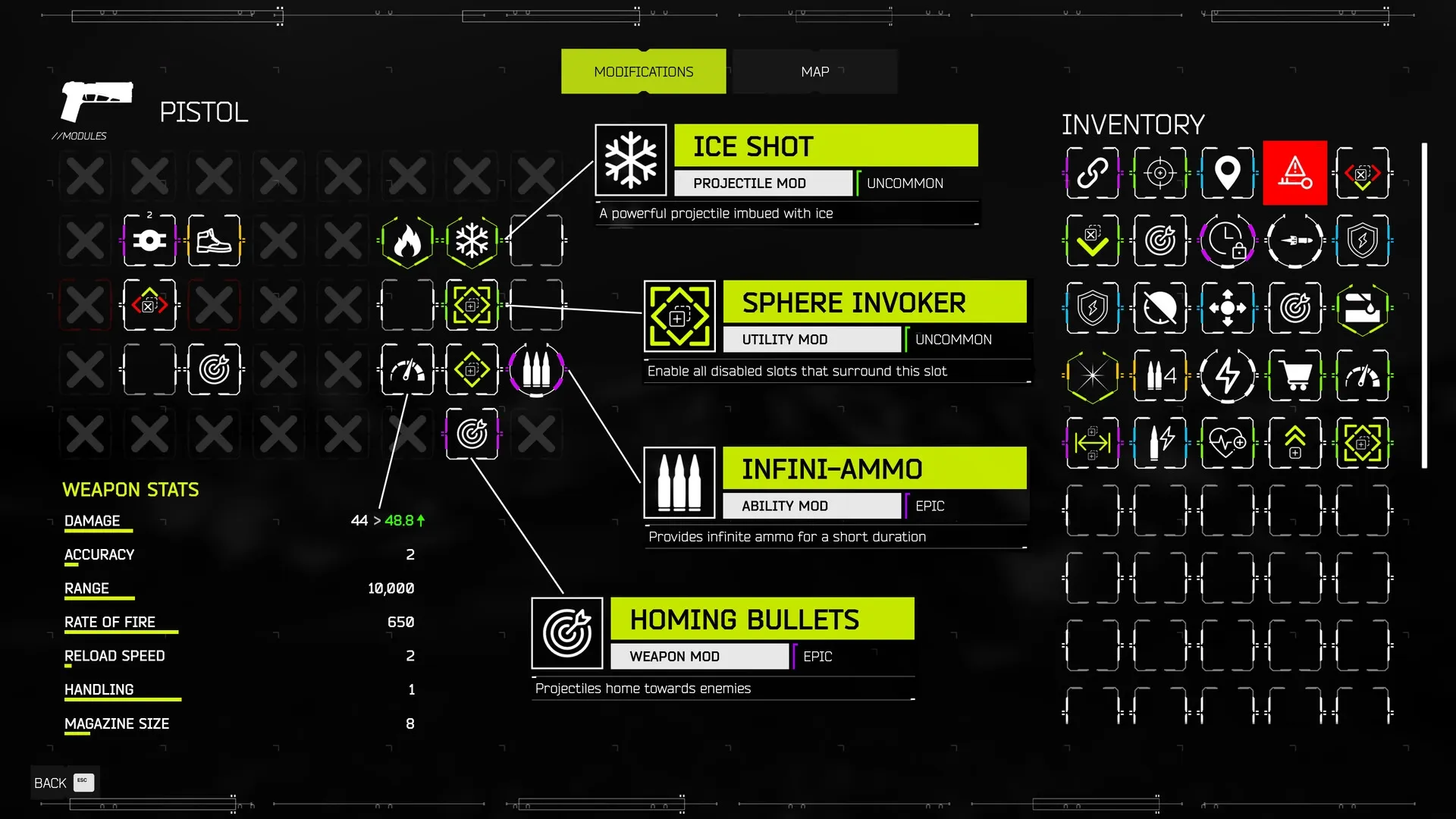 VOID/BREAKER: Weapon modification menu with pistol stats and various mods like Ice Shot and Infini-Ammo