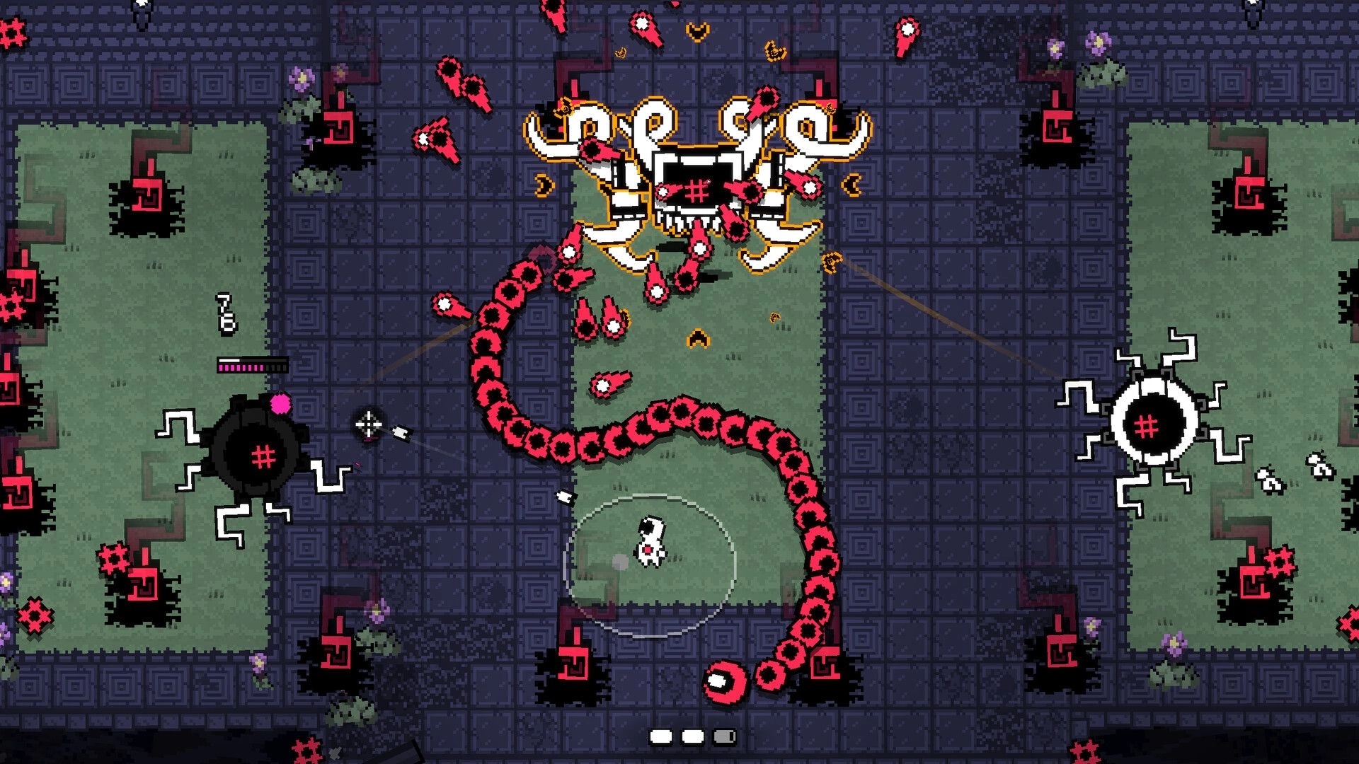 VOIDFACE: Player dodges red bullet chains and eye orbs in a tiled dungeon arena with health bar UI.