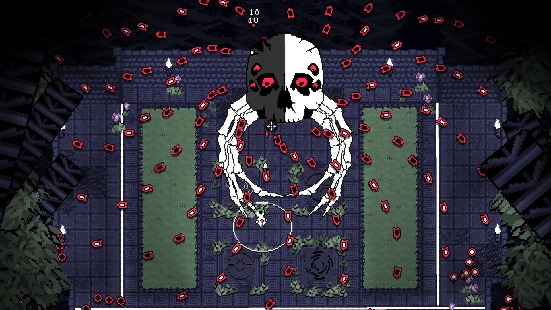 VOIDFACE: Giant skull boss spews red bullets at player in stone courtyard arena with score counter UI.