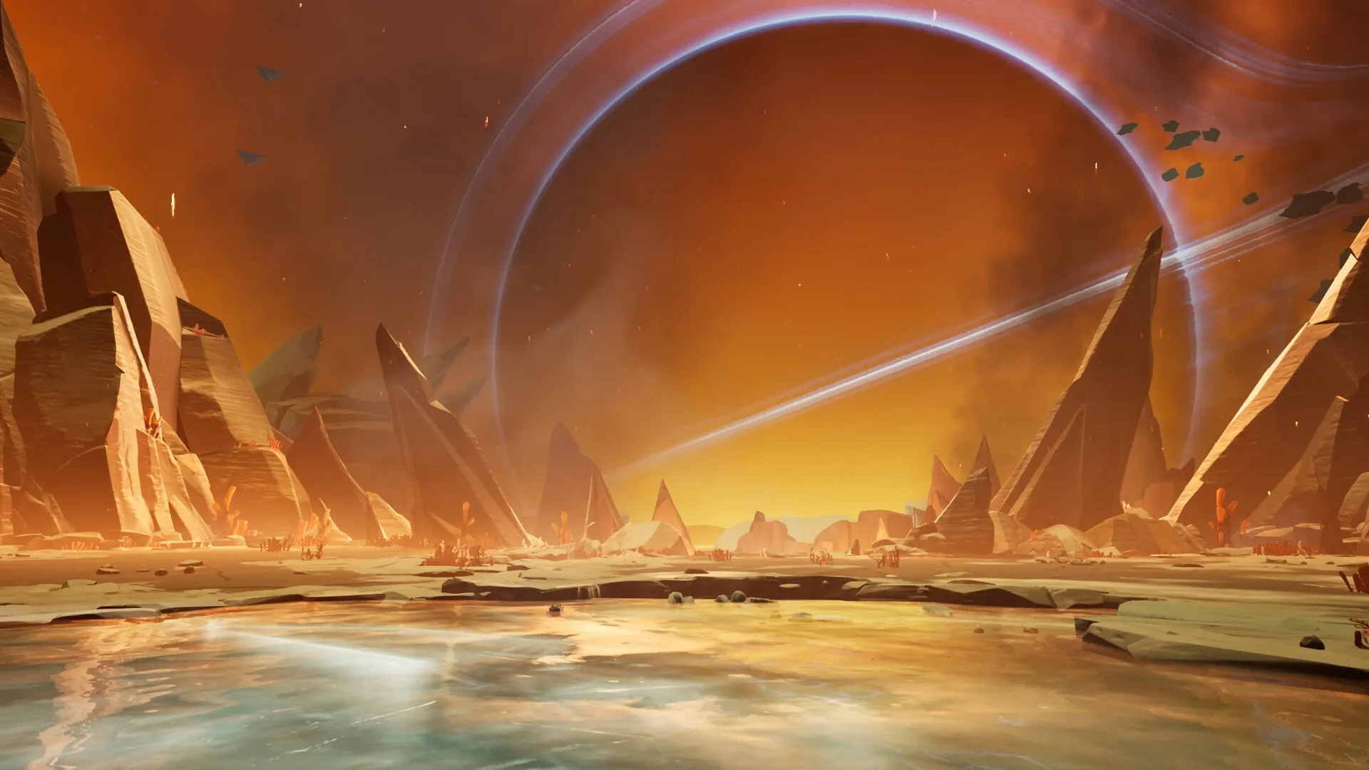 Voidling Bound: Expansive alien landscape with towering rock formations under a vast, glowing planet.