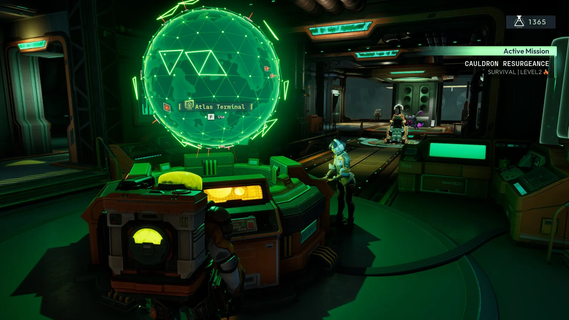 Voidling Bound: Player at Atlas Terminal in futuristic lab with active mission "Cauldron Resurgence"