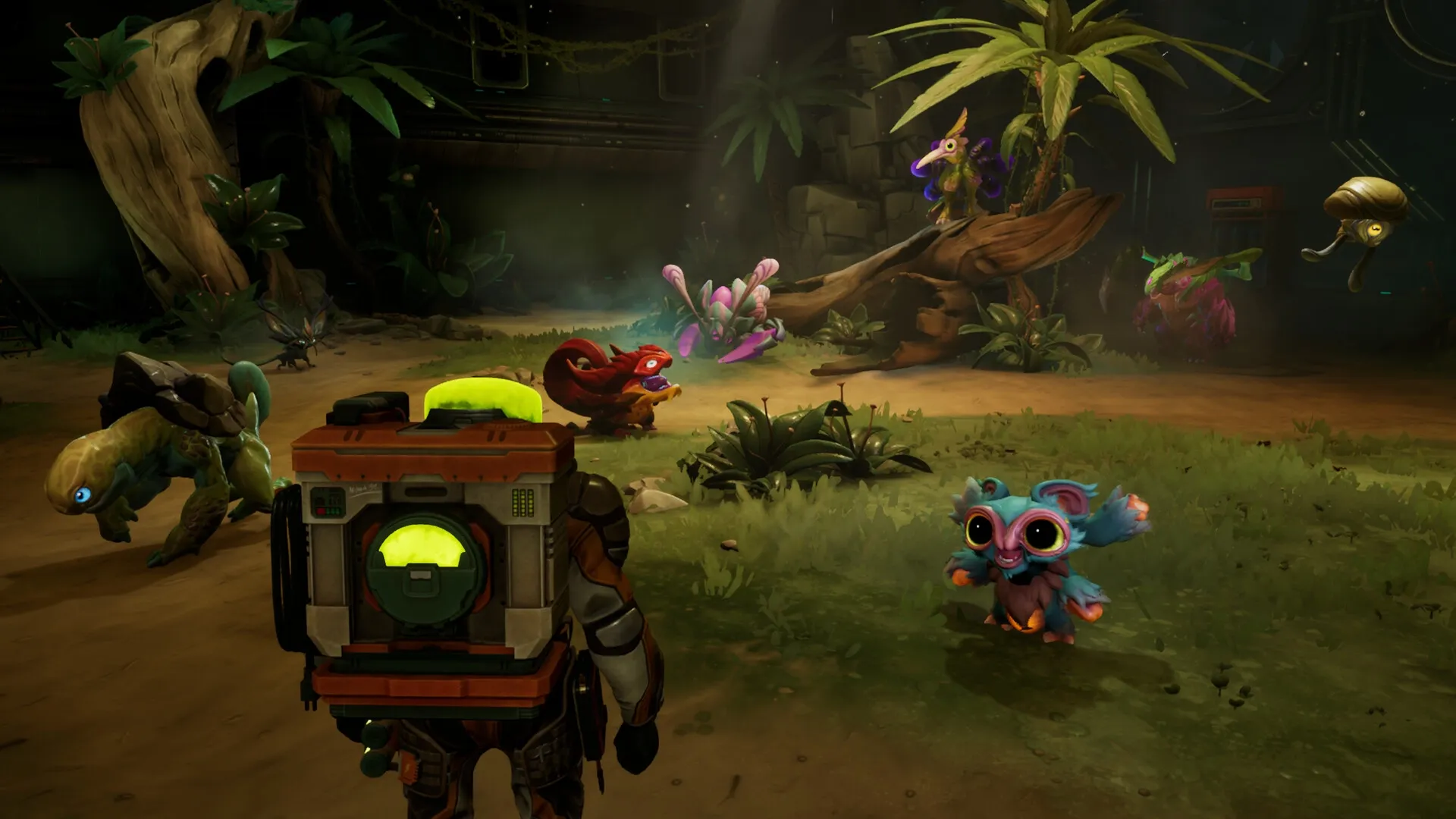 Voidling Bound: Player observes diverse creatures interacting in lush, alien jungle environment