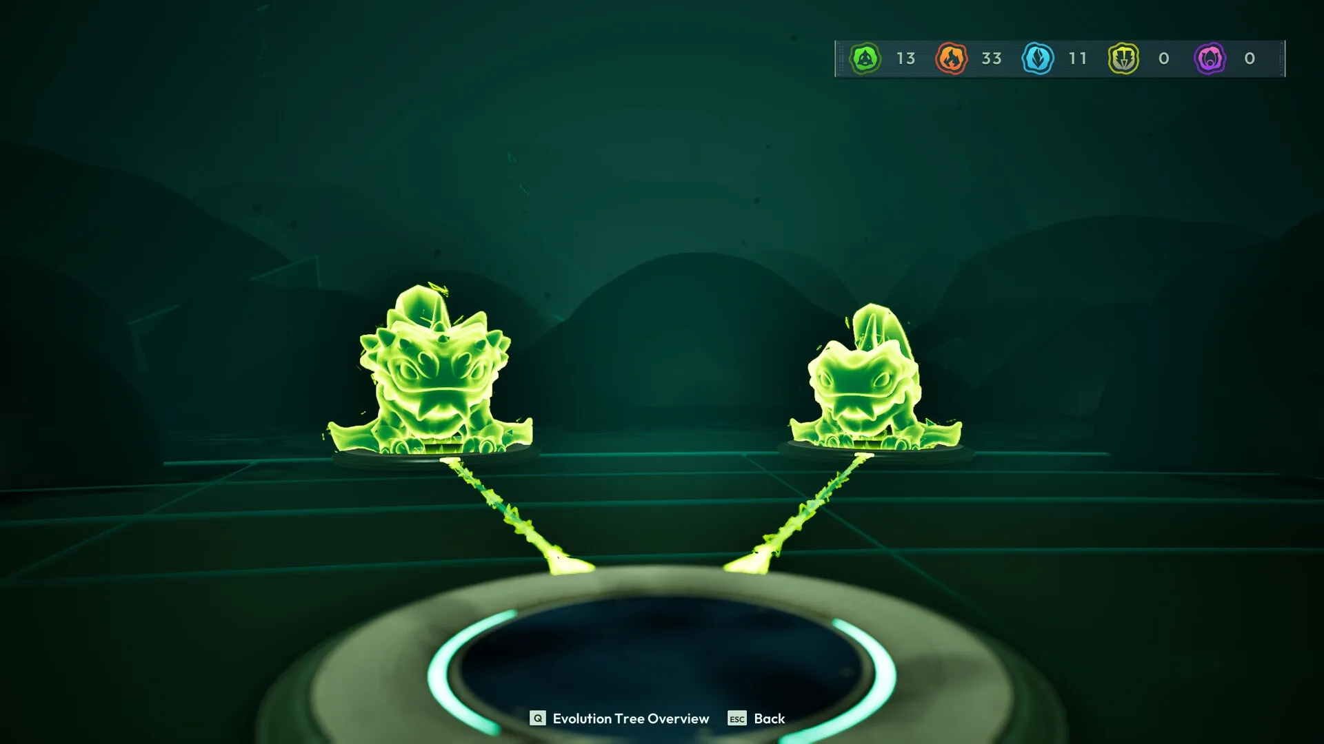 Voidling Bound: Evolution tree overview with glowing green creature models in dark sci-fi environment