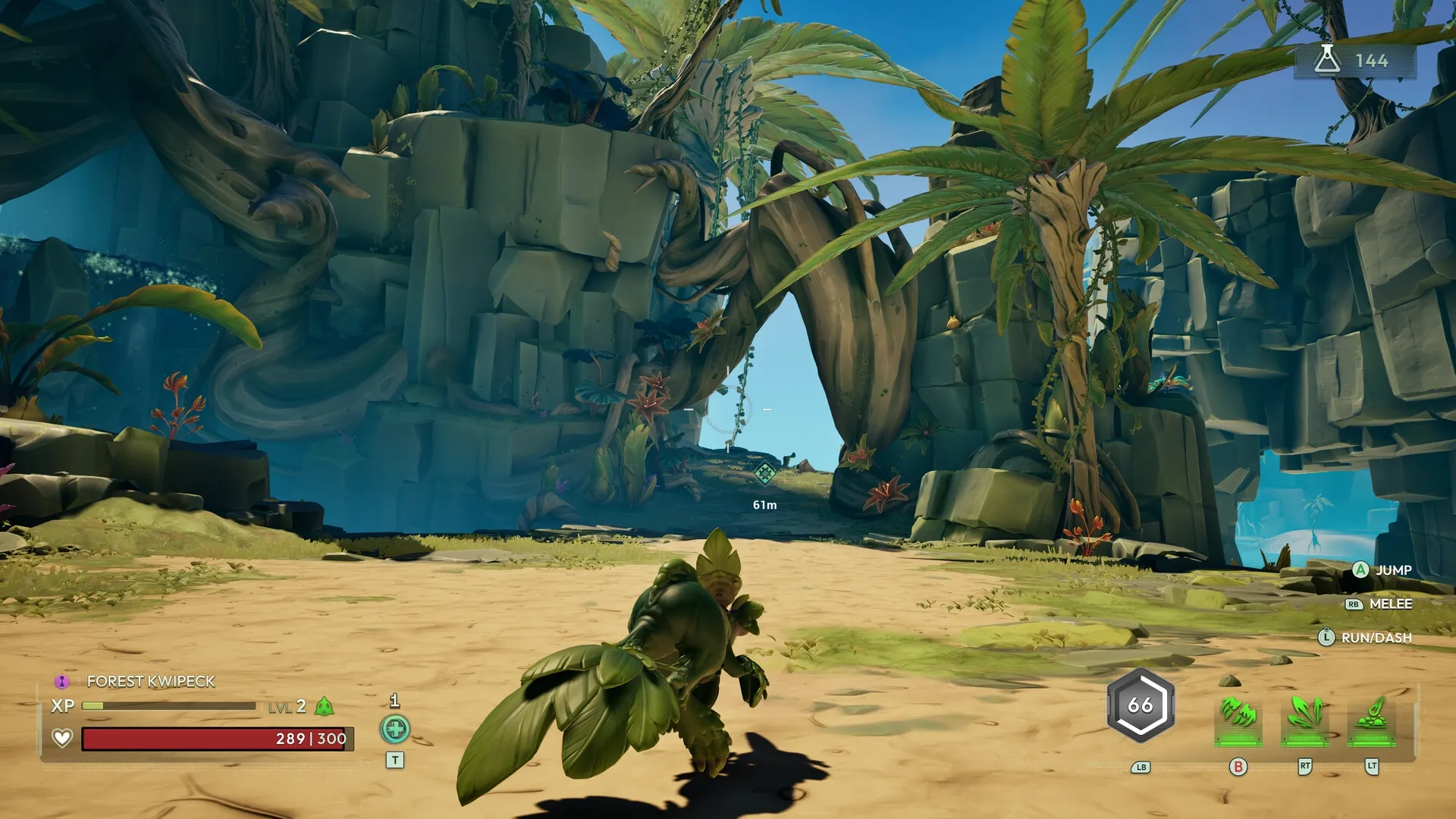 Voidling Bound: Forest Kwipeck exploring lush canyon with UI showing jump, melee, and run/dash options.