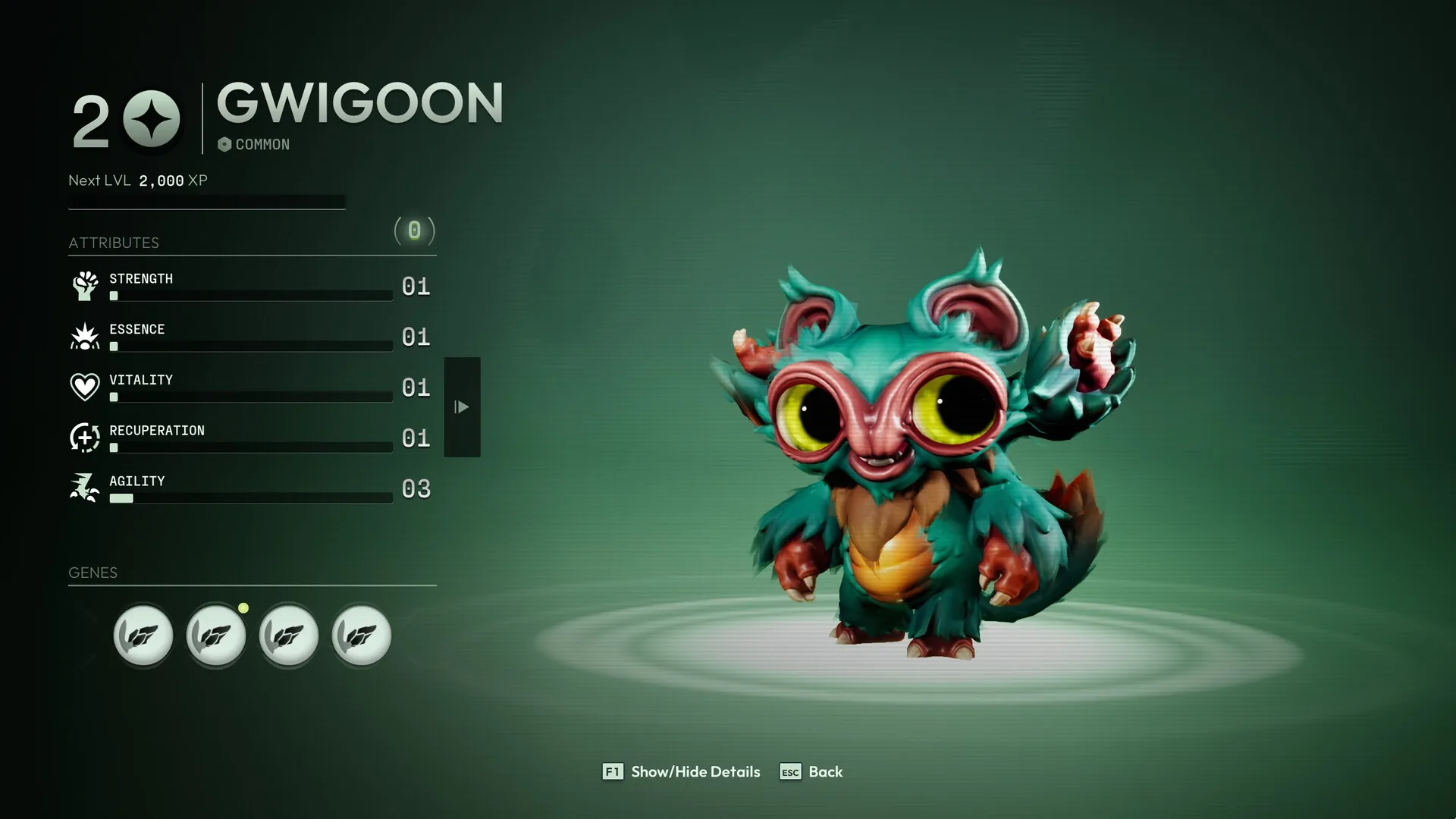 Voidling Bound: Gwigoon character stats screen with attributes, level, and genes displayed