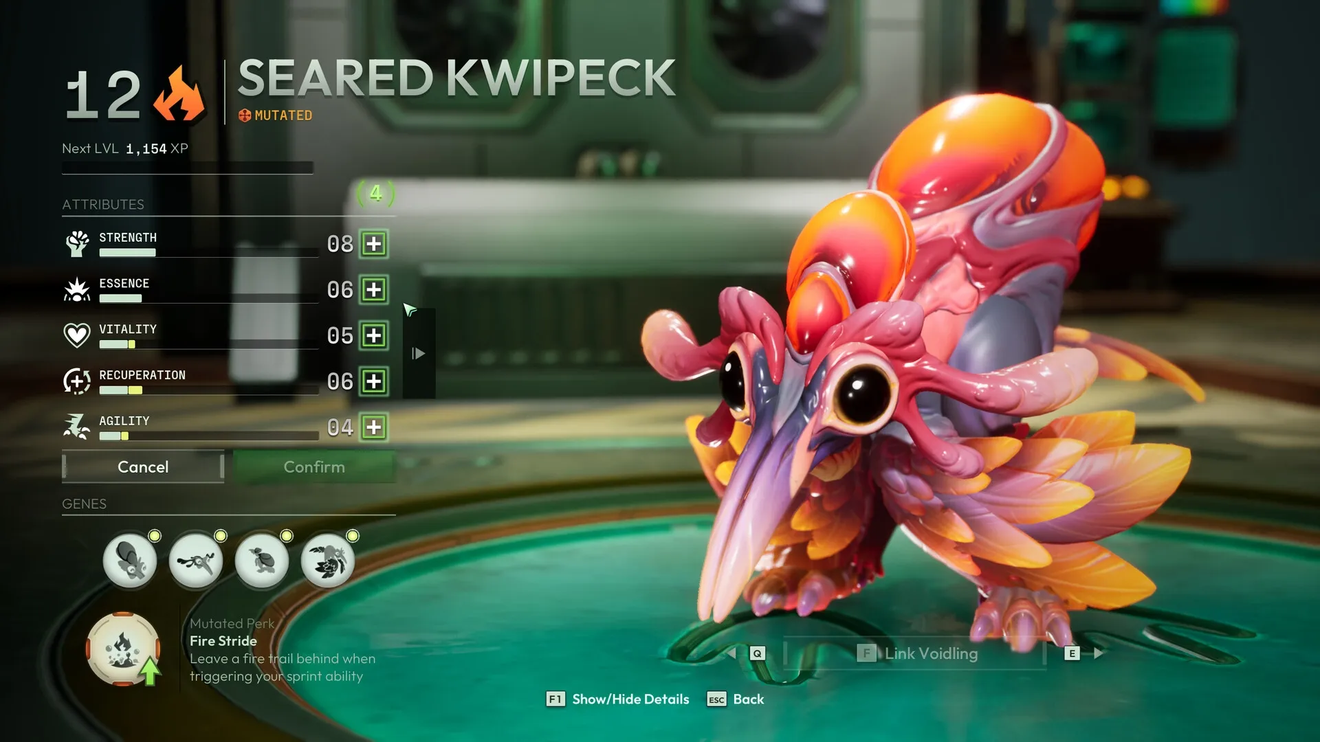 Voidling Bound: Seared Kwipeck upgrade screen with attributes, level, and genetic abilities displayed
