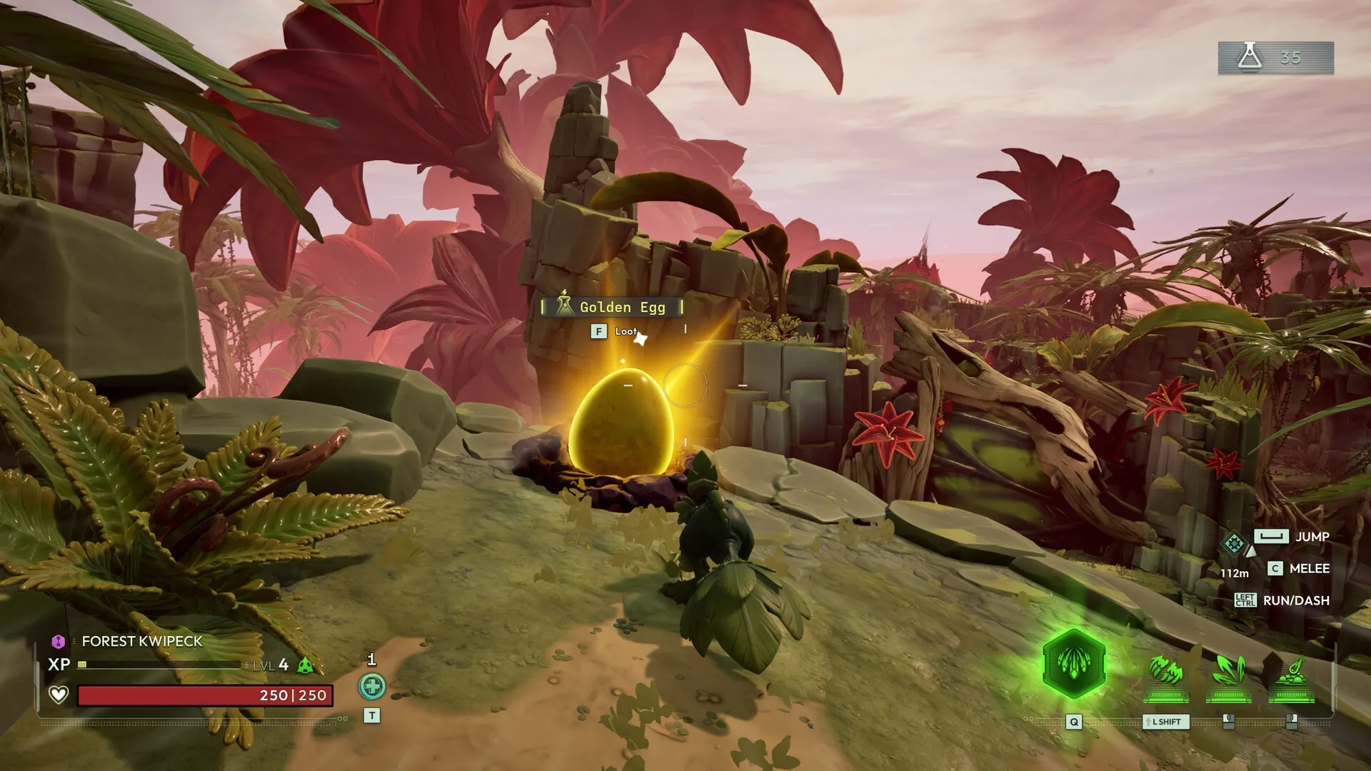 Voidling Bound: Forest Kwipeck approaches glowing Golden Egg in lush alien jungle, ready to loot.