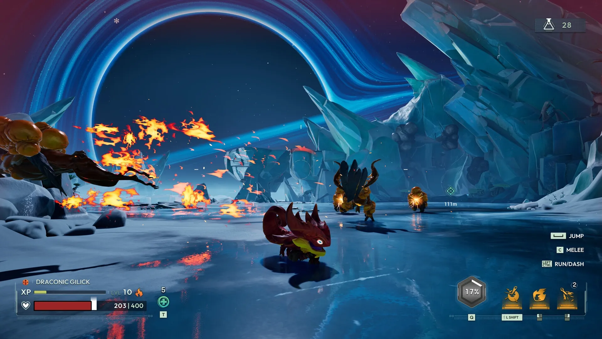 Voidling Bound: Draconic Gilick battles fiery foes on icy terrain with icy cliffs and fiery explosions.