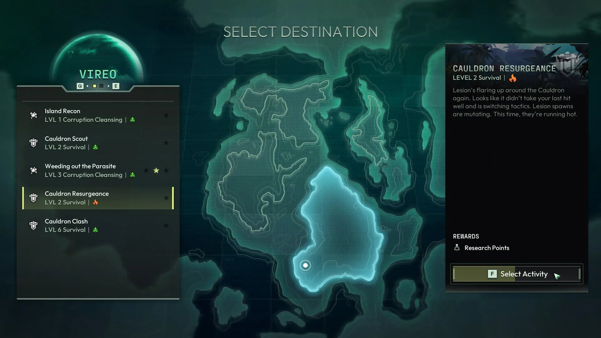 Voidling Bound: Mission selection screen showing Cauldron Resurgence with map and mission details displayed.