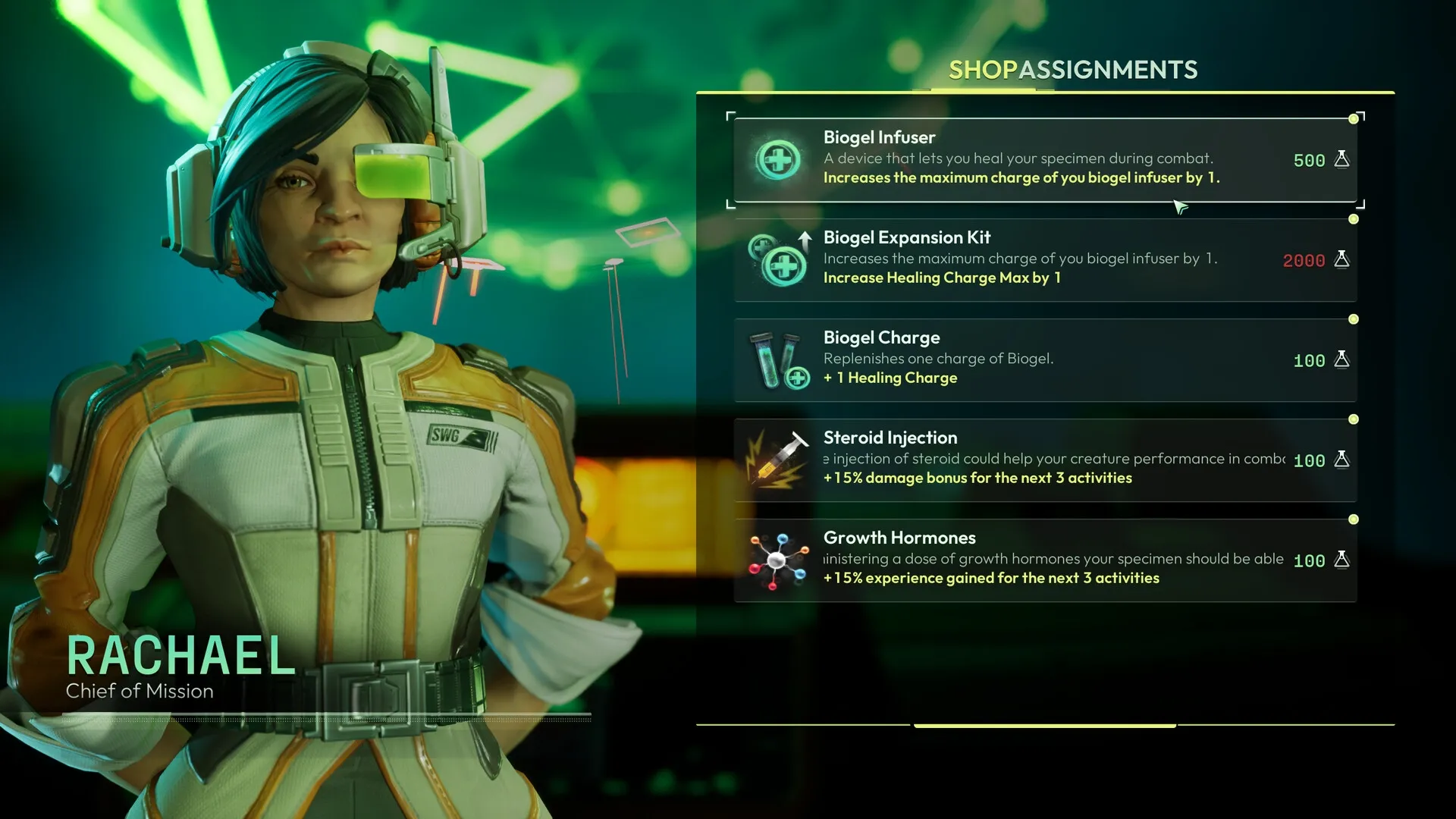 Voidling Bound: Rachael in shop menu selecting biogel items with futuristic HUD elements displayed
