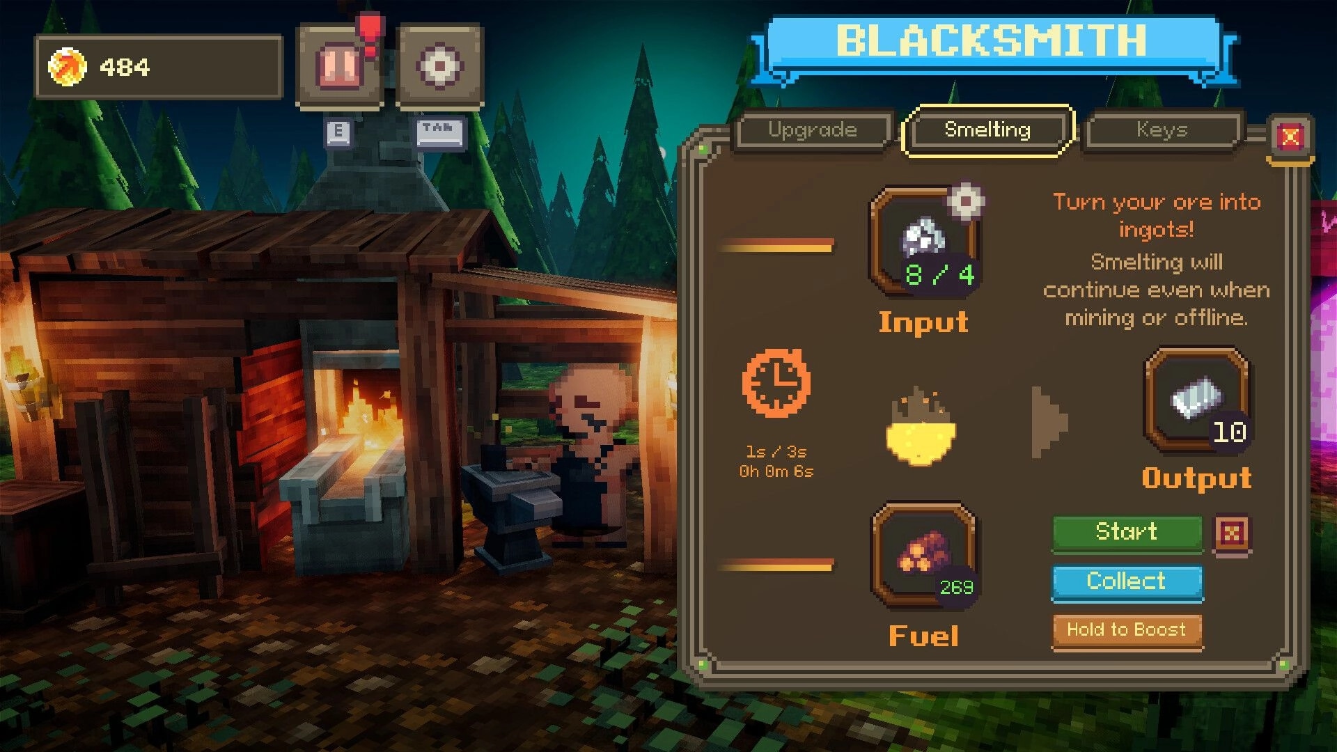Voidloop: Smelting interface at the blacksmith with ore input, fuel, and output ingots shown