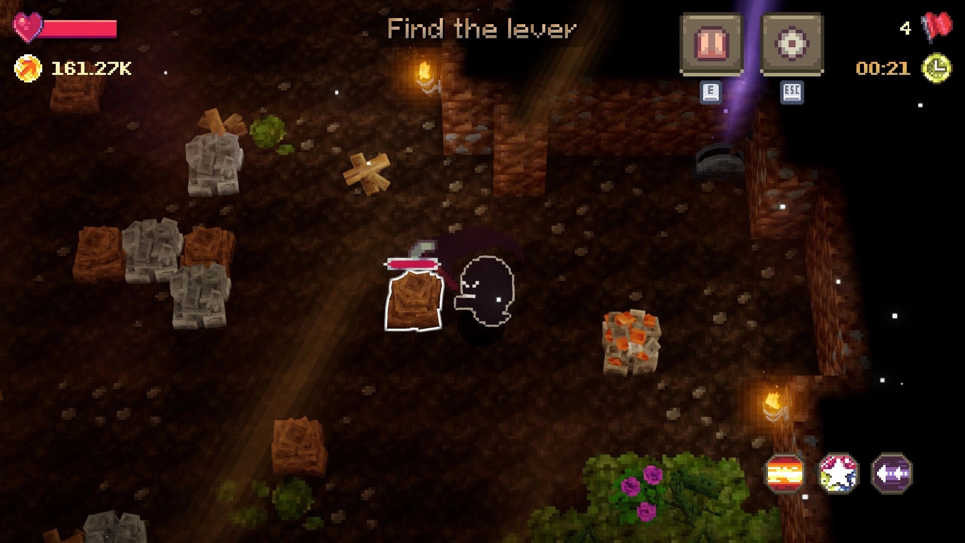 Voidloop: Player character mining resources in a dark cave with UI elements and quest objective visible.