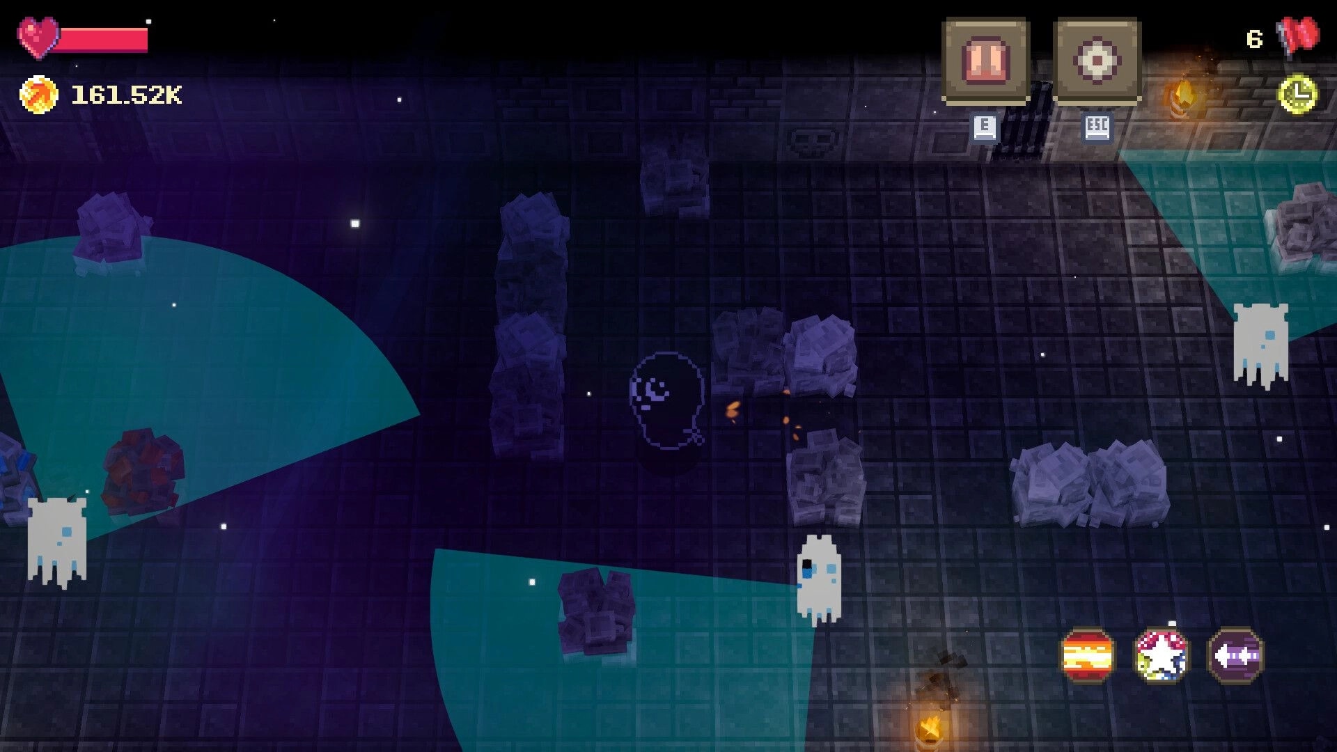 Voidloop: Ghost character navigates dungeon with enemies and obstacles, UI displays health and coins.