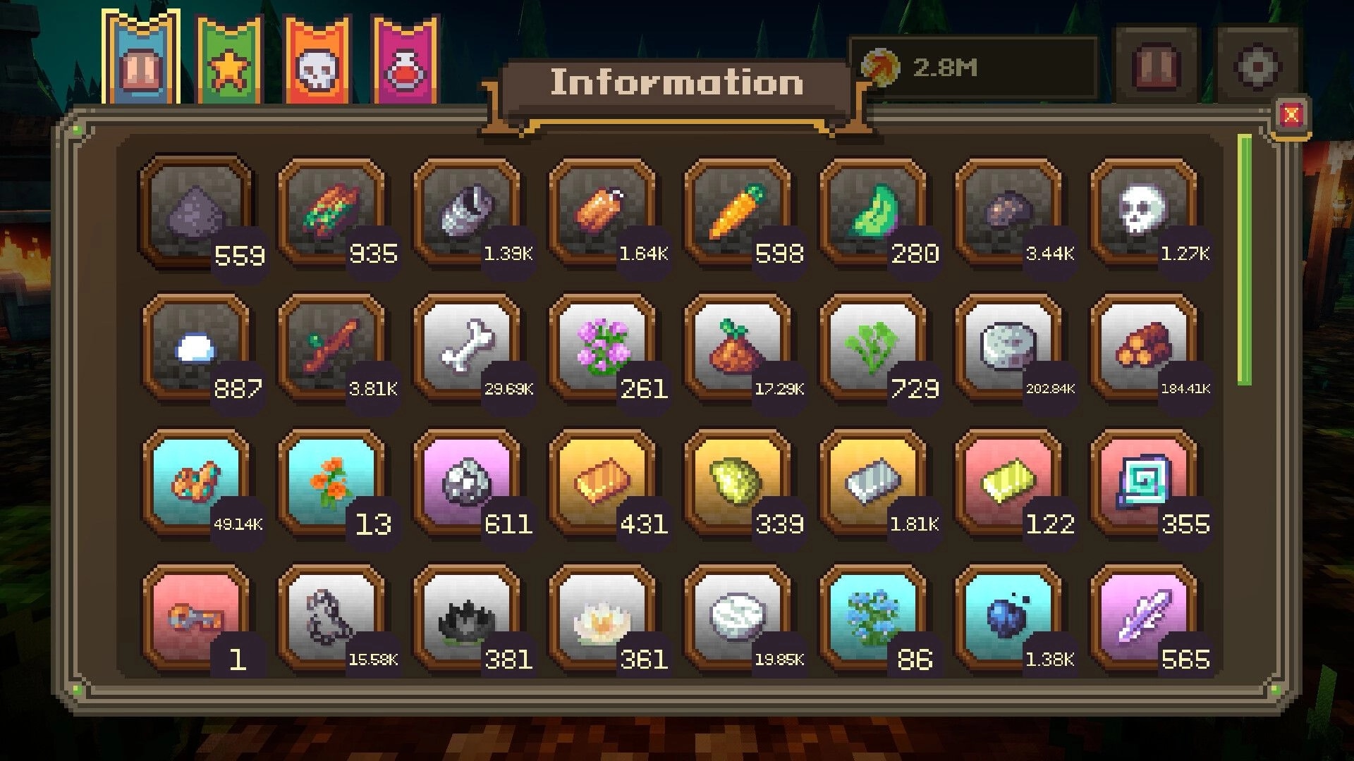 Voidloop: Inventory screen displaying various resources and items with quantities in a cave setting
