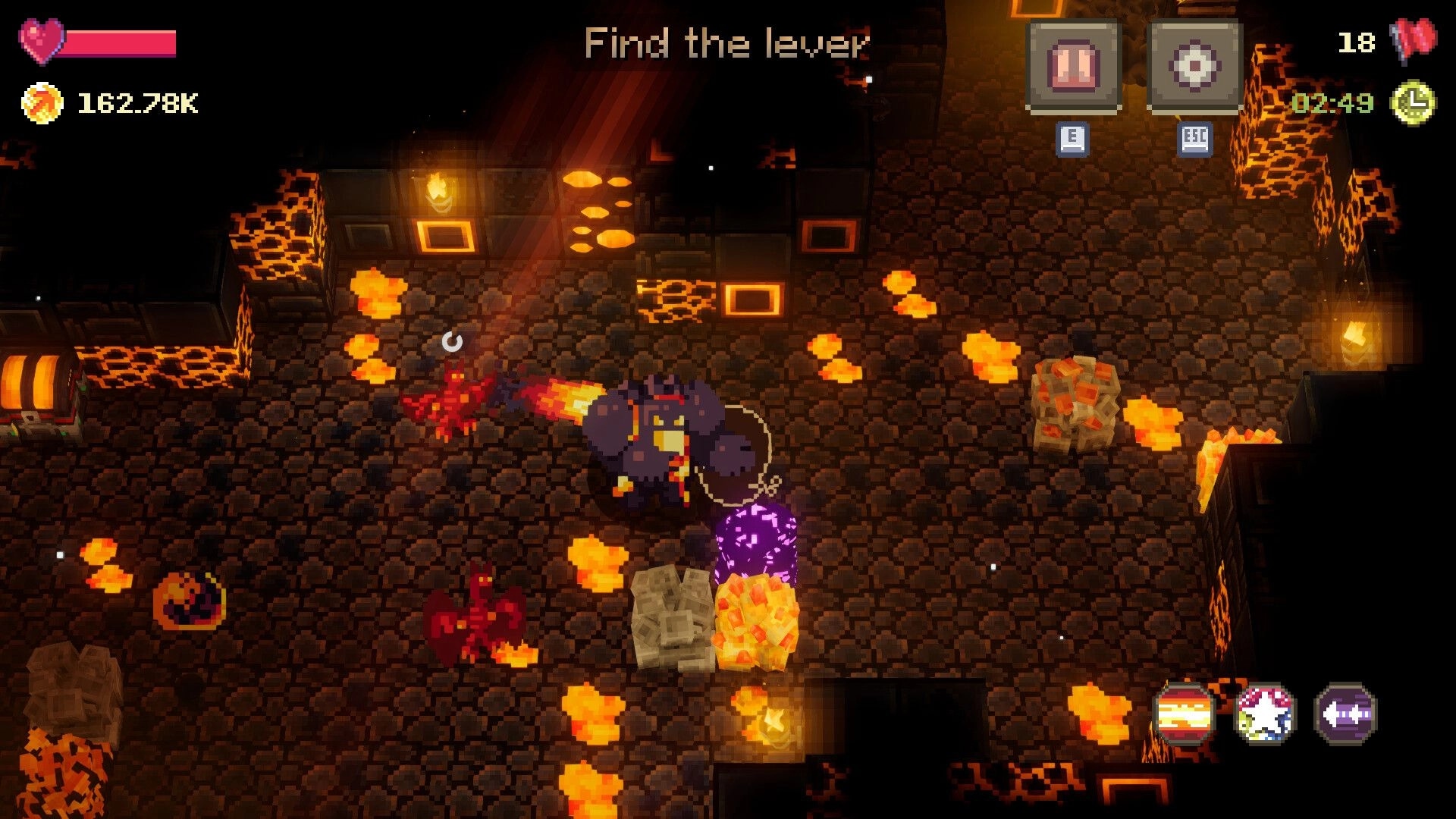 Voidloop: Character battles enemies in lava-filled cave with "Find the lever" objective displayed