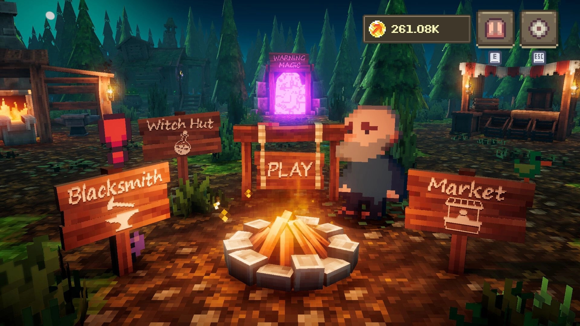 Voidloop: Main menu with play button, market, blacksmith signs, and a character near a campfire.