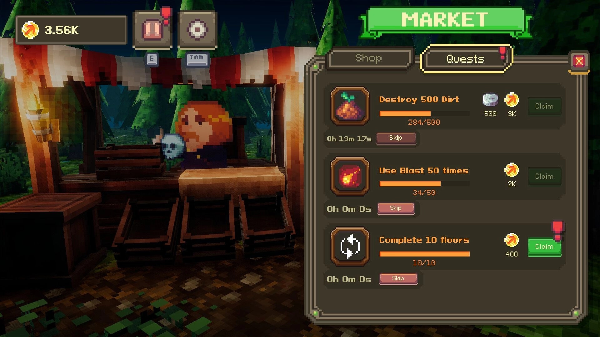 Voidloop: Character at market stall with quests panel showing tasks and rewards in forest setting
