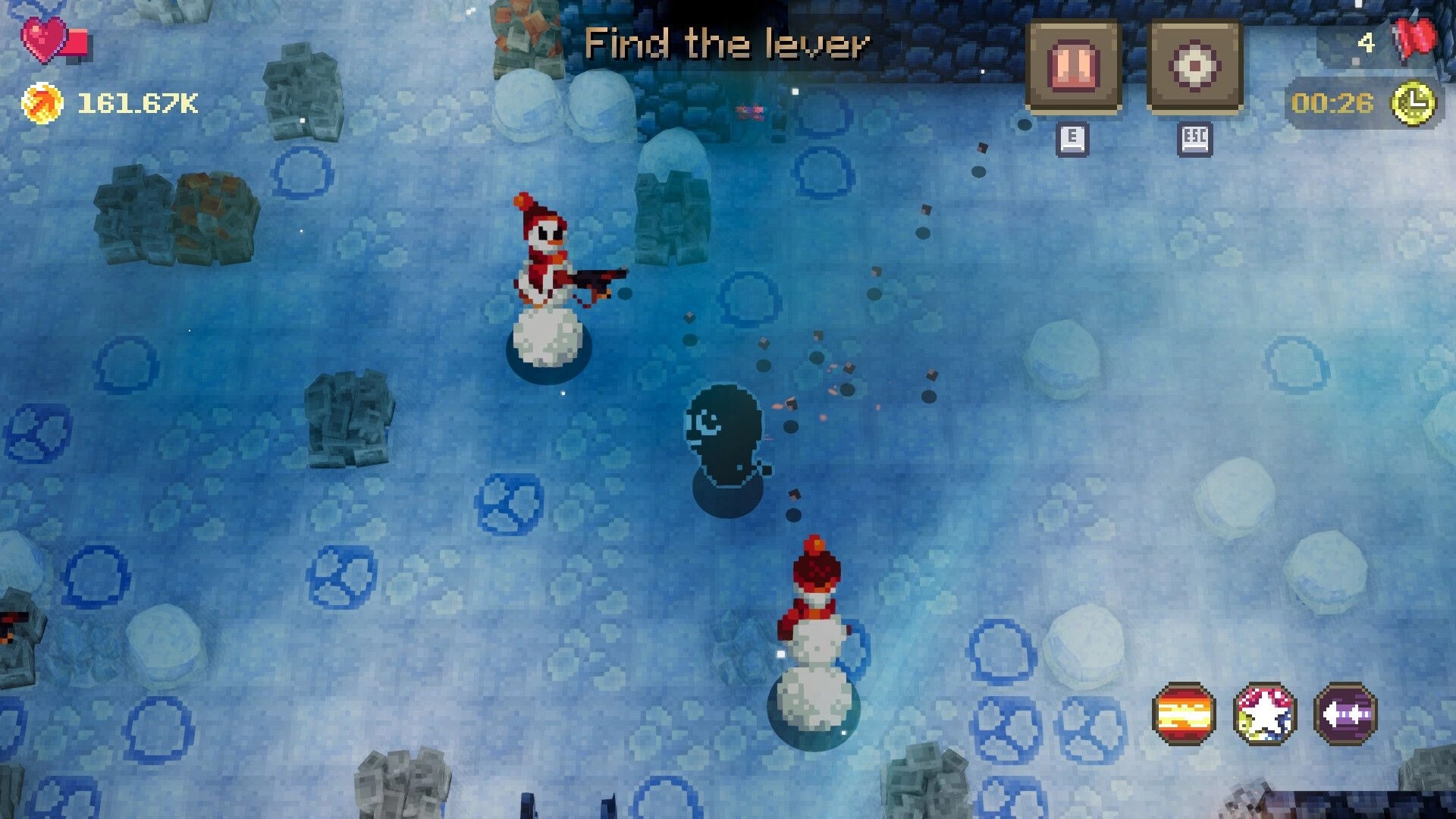 Voidloop: Player encounters snowmen enemies in icy cave with health and currency displayed.