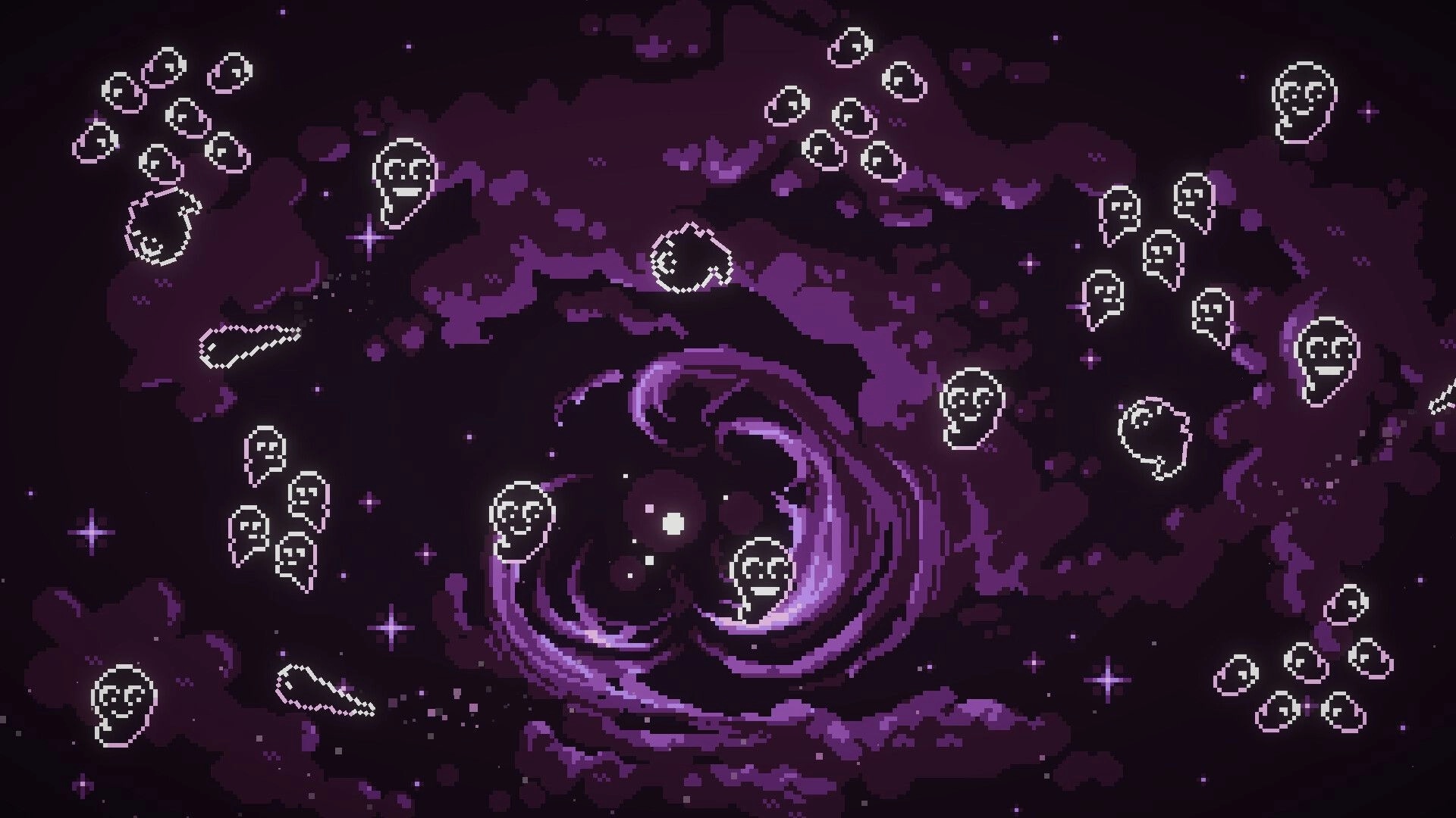 Voidloop: Swirling purple vortex with pixelated ghost-like figures in a dark cosmic environment