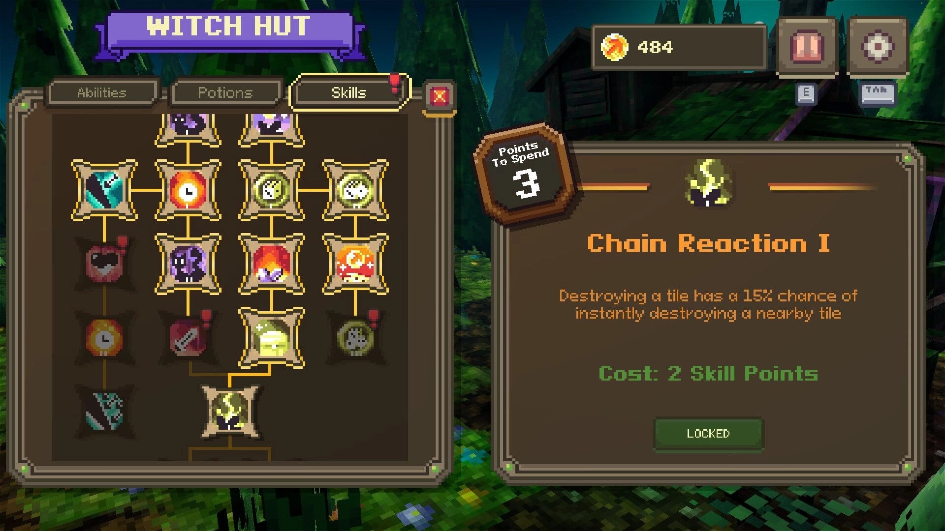 Voidloop: Skill tree interface at Witch Hut showing abilities and Chain Reaction I description