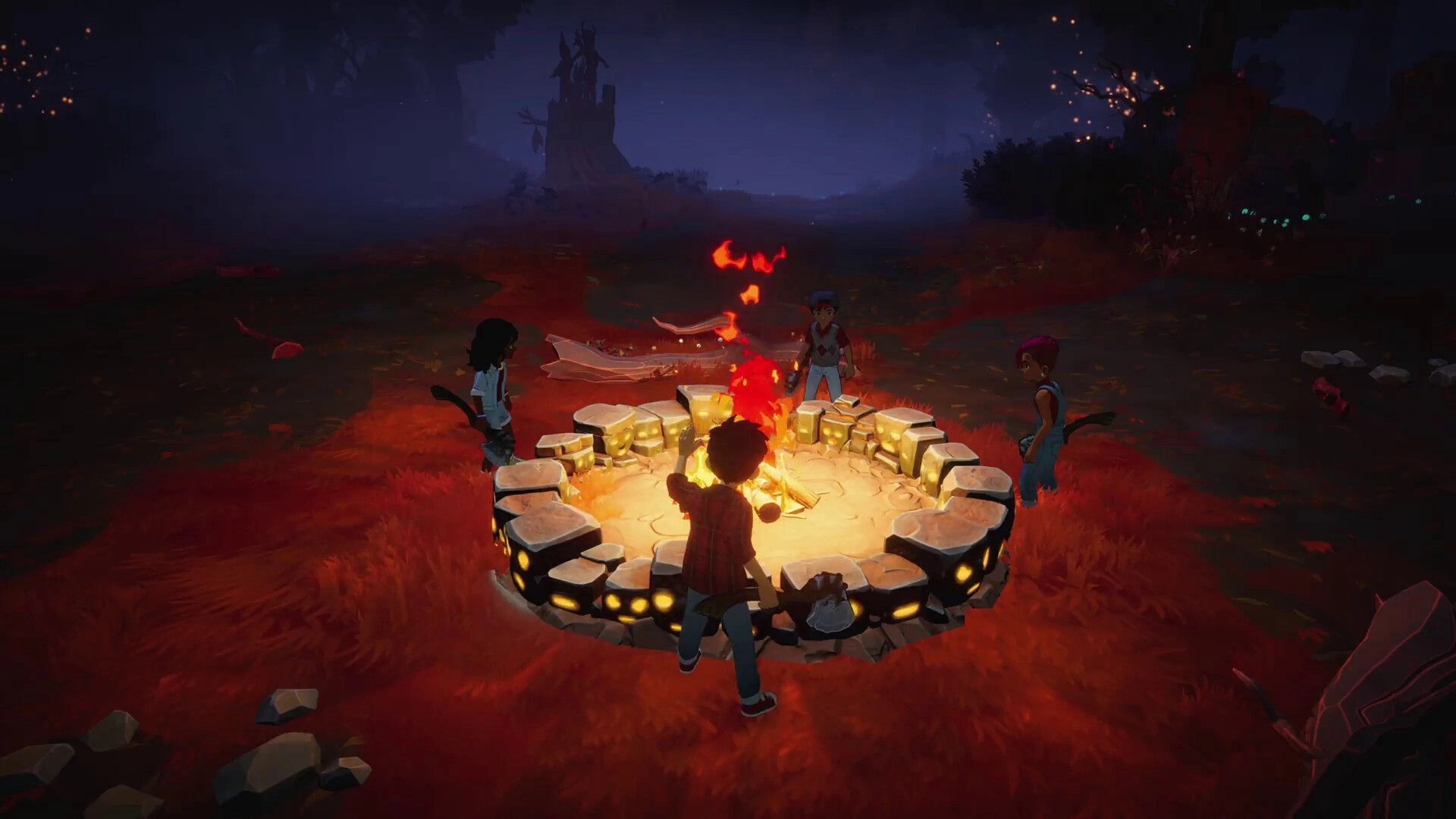 Voidwood: Four players gathered around a glowing campfire ring in a foggy red forest at night.