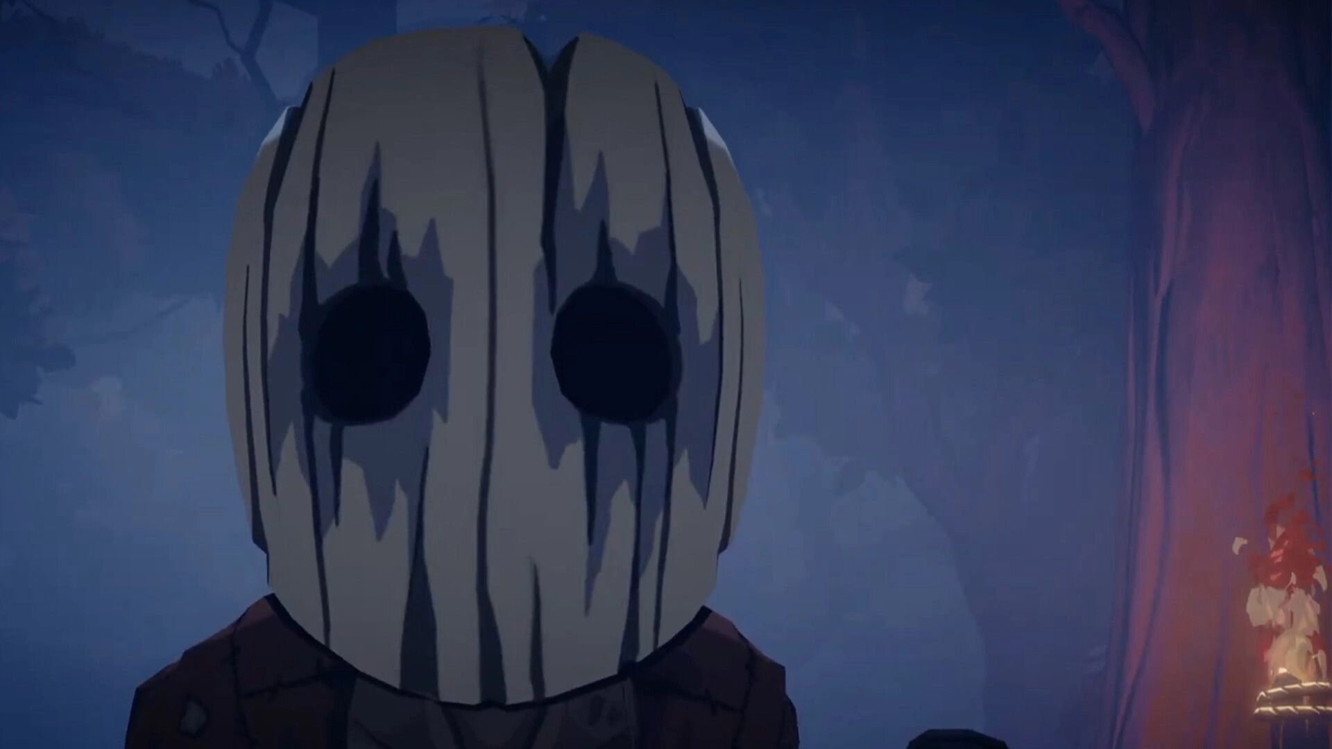 Voidwood: Close-up of a carved wooden mask with dark eye holes in a foggy forest at night.