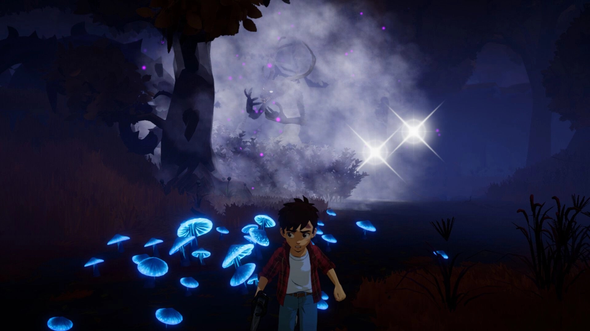 Voidwood: Player character runs past glowing blue mushrooms in a foggy forest with a shadowy beast ahead.
