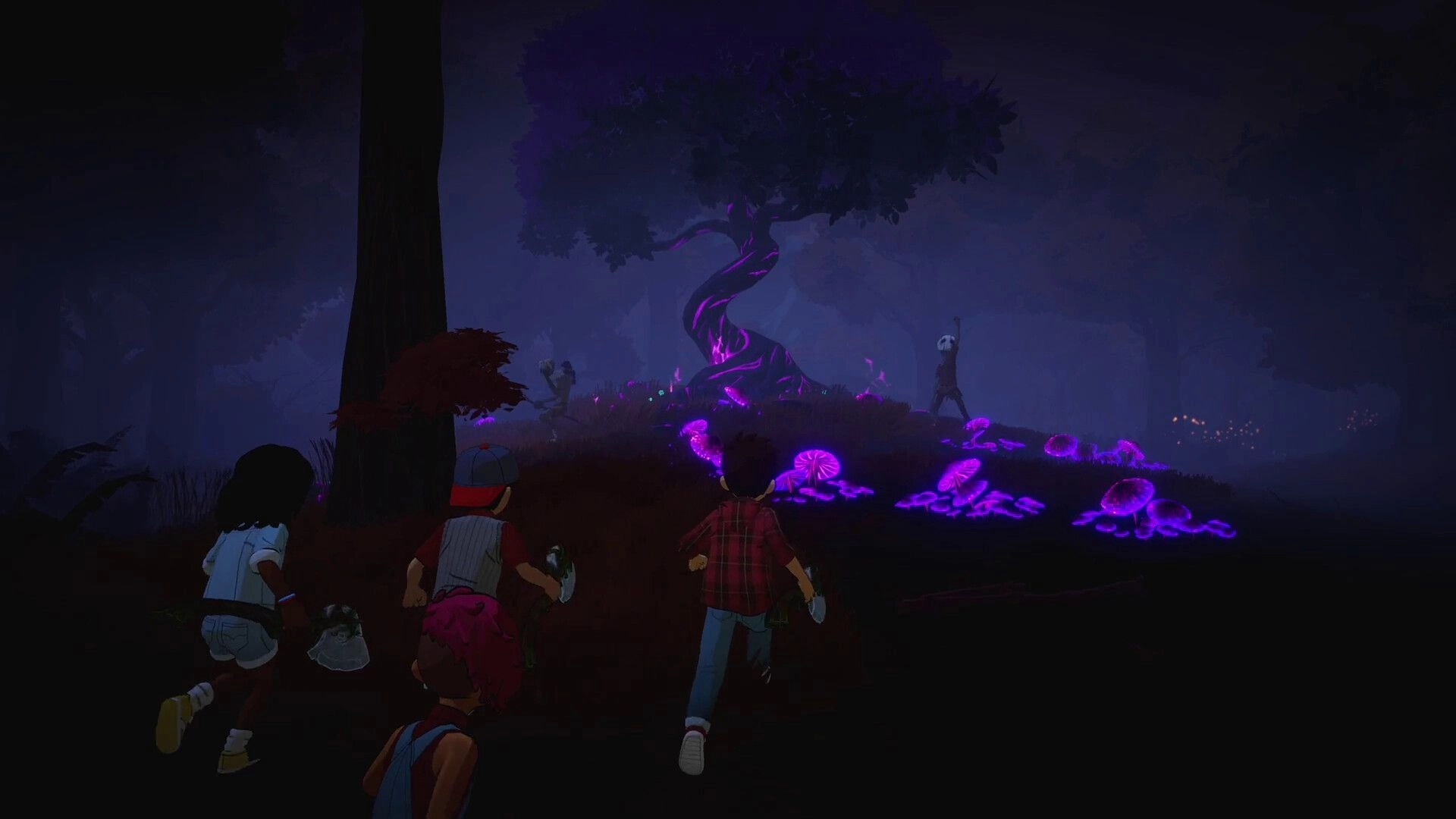 Voidwood: Four kids run toward a twisted glowing tree and purple mushrooms in a foggy forest night.