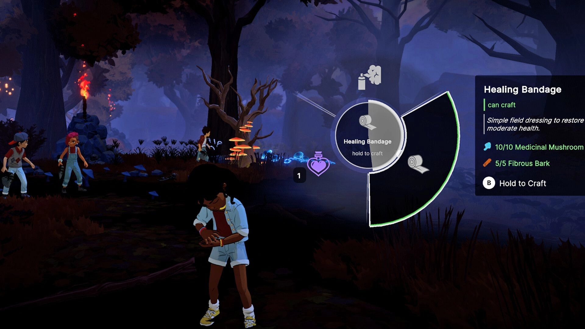 Voidwood: Player opens Healing Bandage crafting wheel beside teammates in a foggy forest at night.