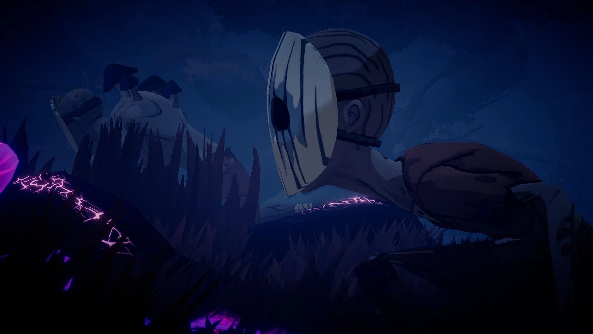 Voidwood: Masked survivor crouches in tall grass near glowing purple cracks in a foggy night forest.