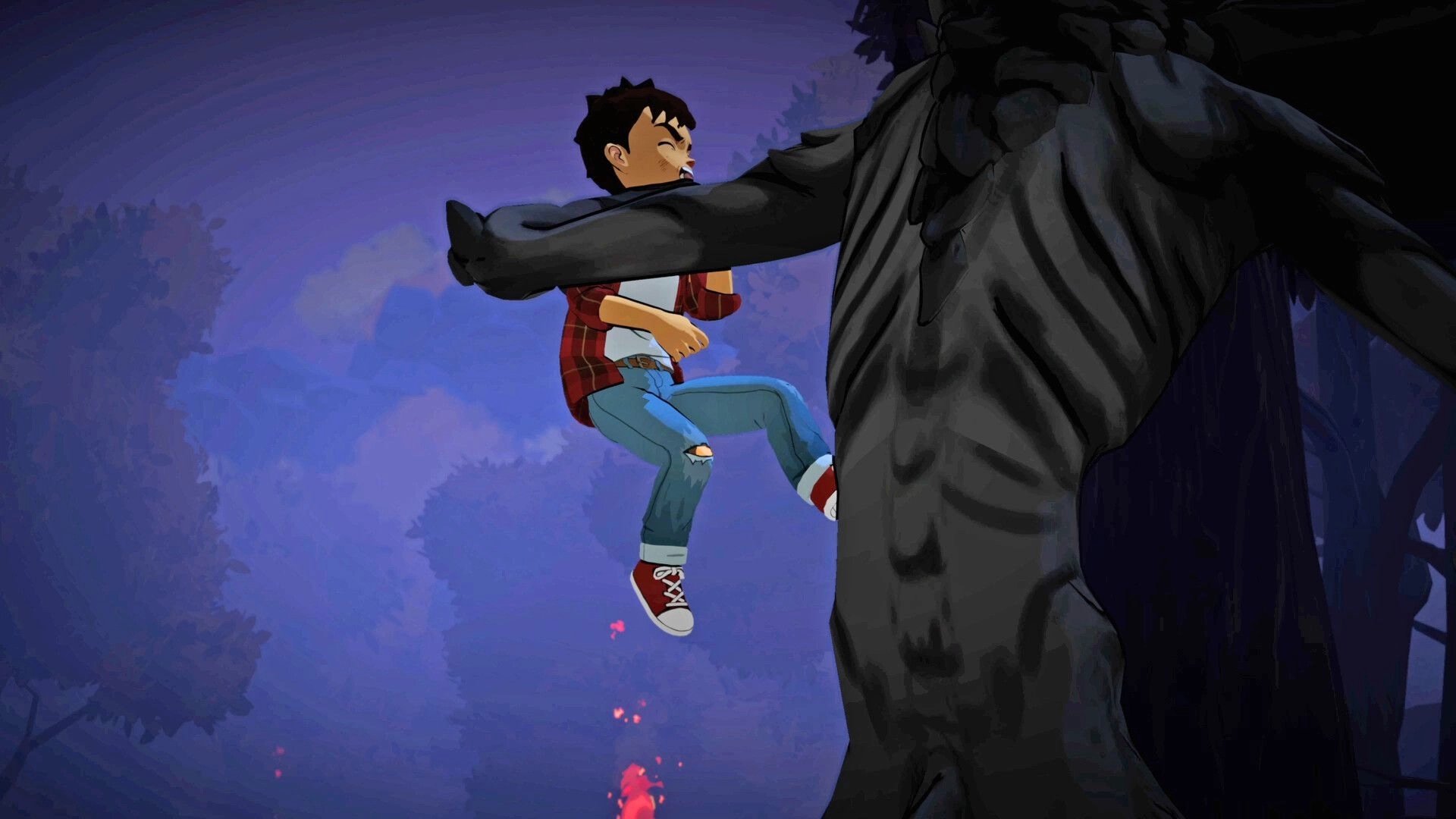 Voidwood: Monster’s long arm lifts a screaming survivor off the ground in a foggy purple forest night.