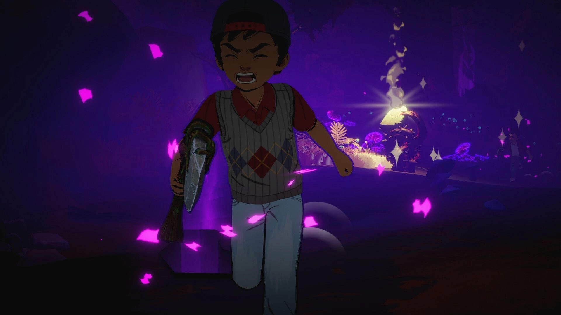 Voidwood: Panicked boy sprints with a bladed gauntlet through a purple fog forest lit by a lantern.